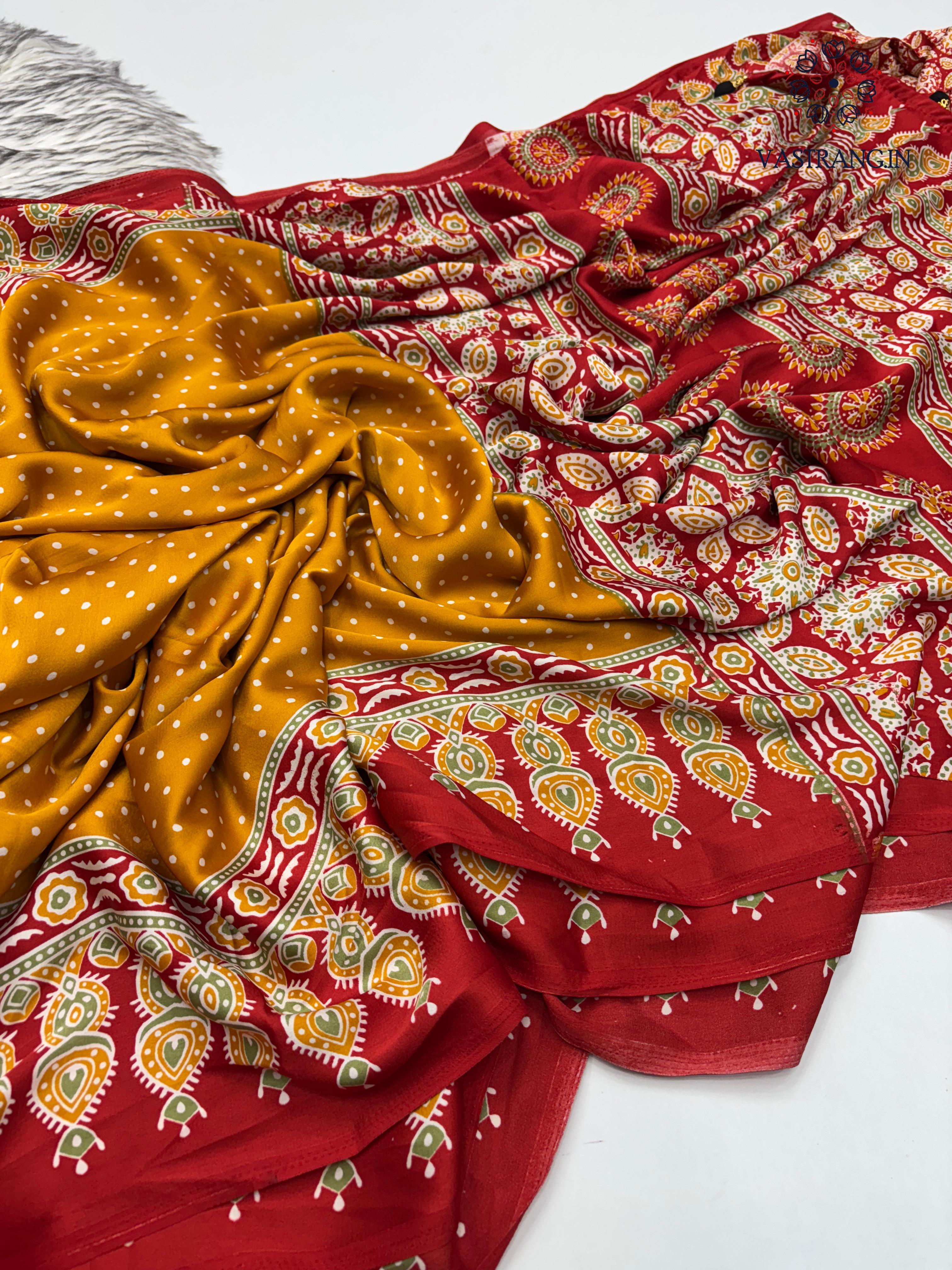 Gorgeous Party wear Pure Satin Silk Ajrak Printed Rich Pallu n Tussles Work Fancy Designer Saree