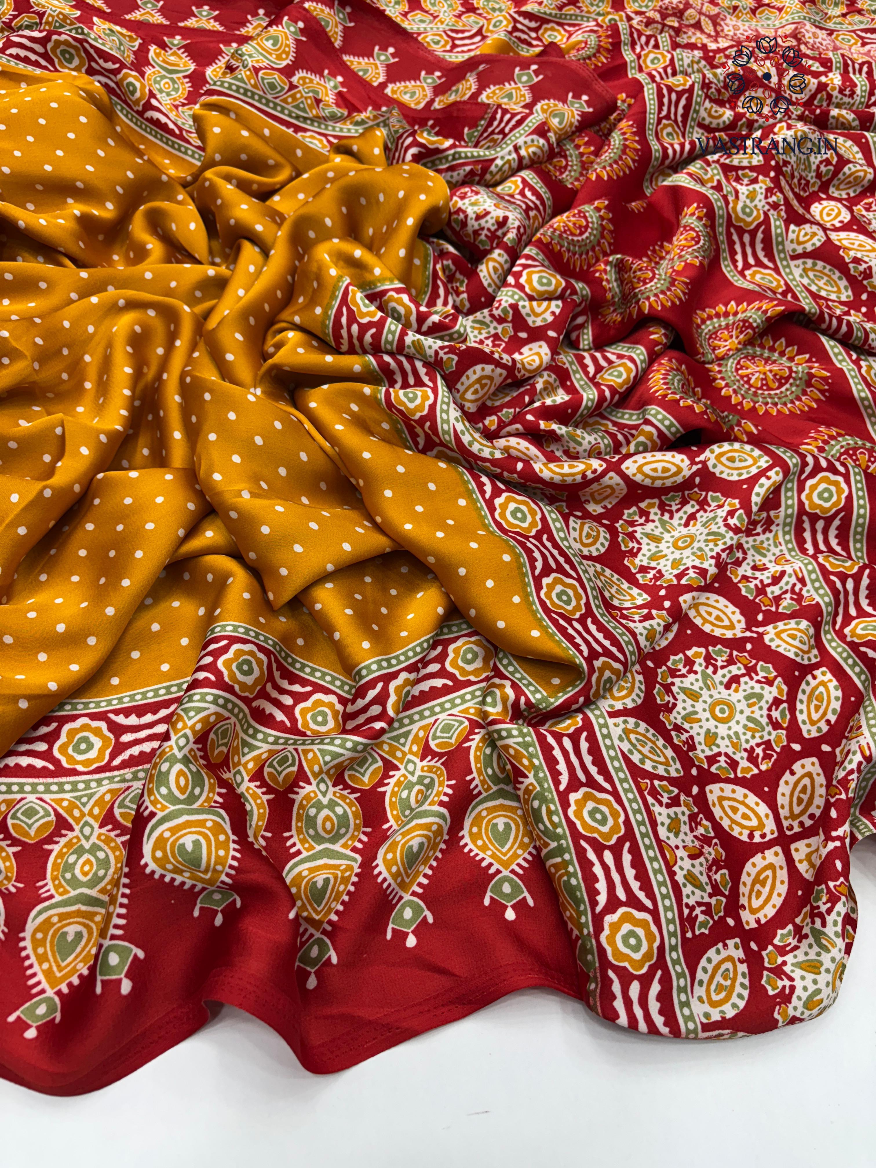 Gorgeous Party wear Pure Satin Silk Ajrak Printed Rich Pallu n Tussles Work Fancy Designer Saree