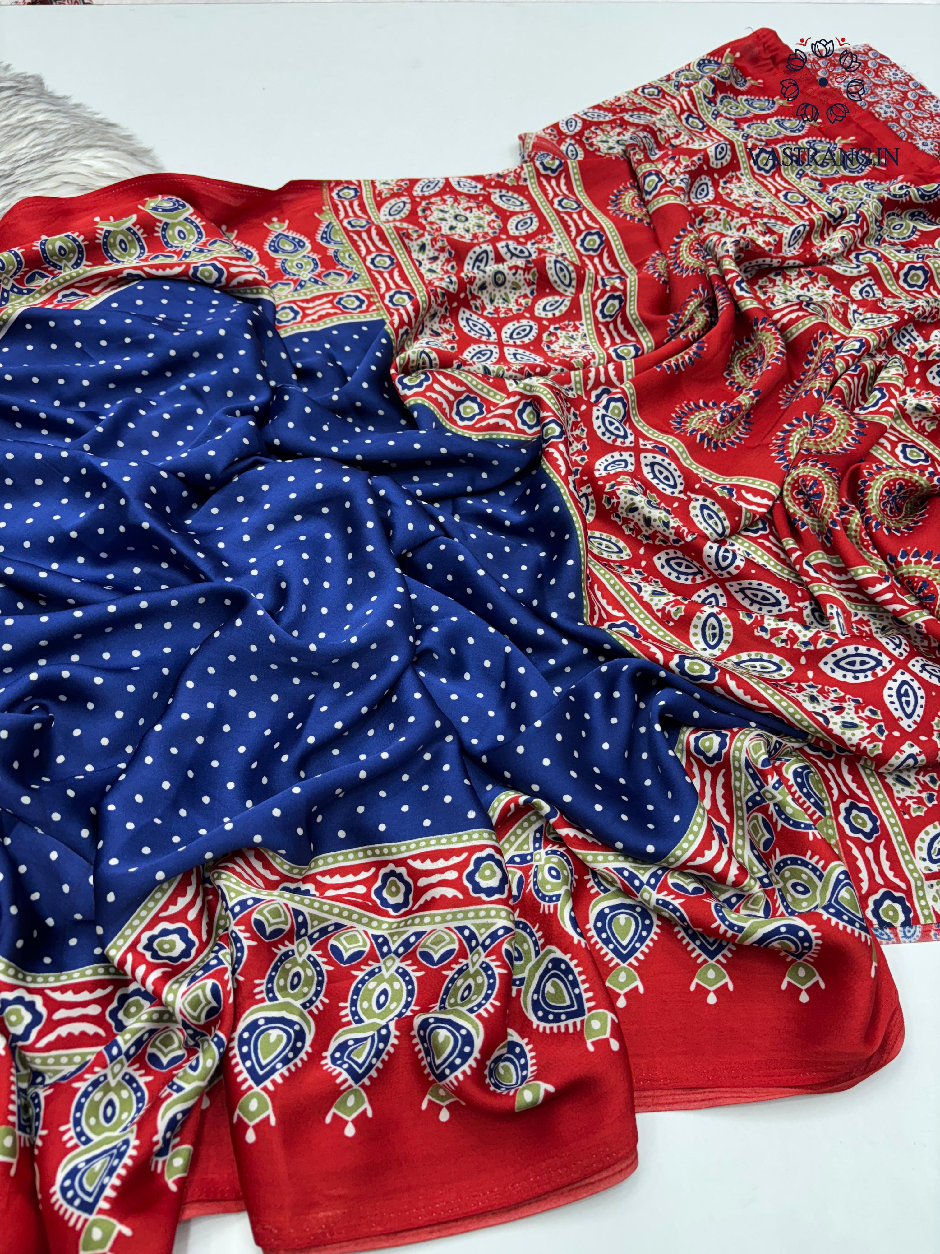 Gorgeous Party wear Pure Satin Silk Ajrak Printed Rich Pallu n Tussles Work Fancy Designer Saree