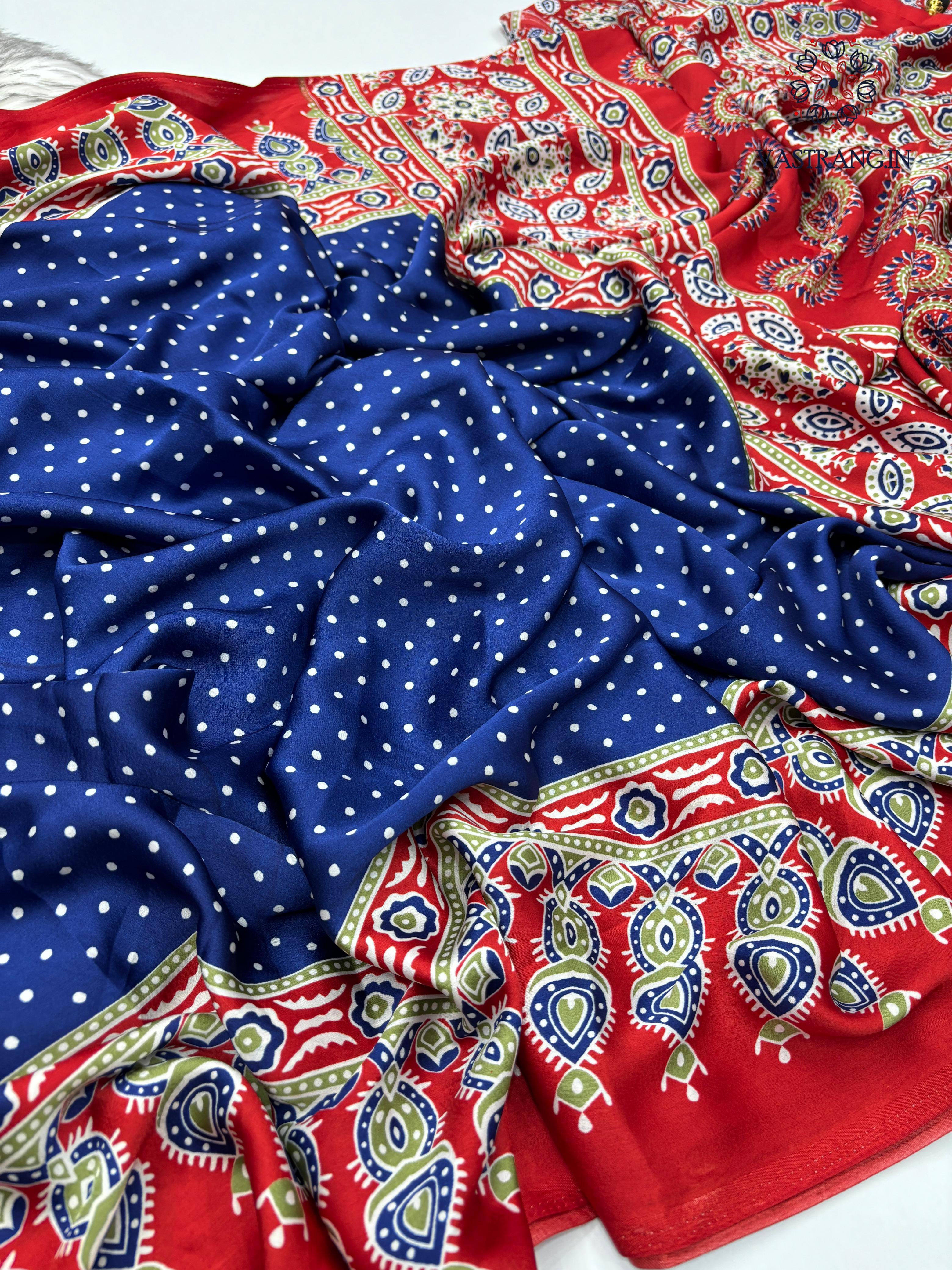 Gorgeous Party wear Pure Satin Silk Ajrak Printed Rich Pallu n Tussles Work Fancy Designer Saree