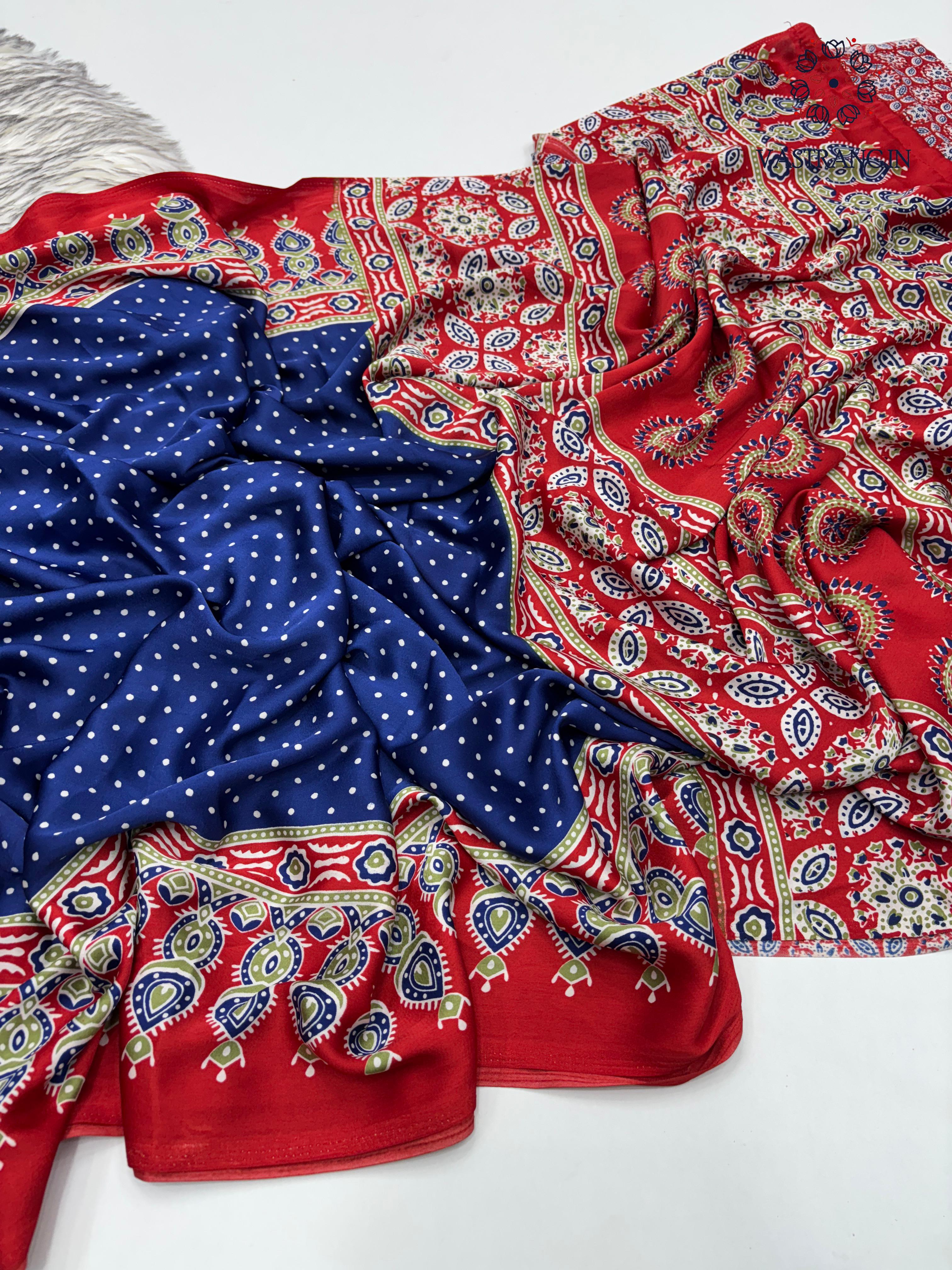 Gorgeous Party wear Pure Satin Silk Ajrak Printed Rich Pallu n Tussles Work Fancy Designer Saree