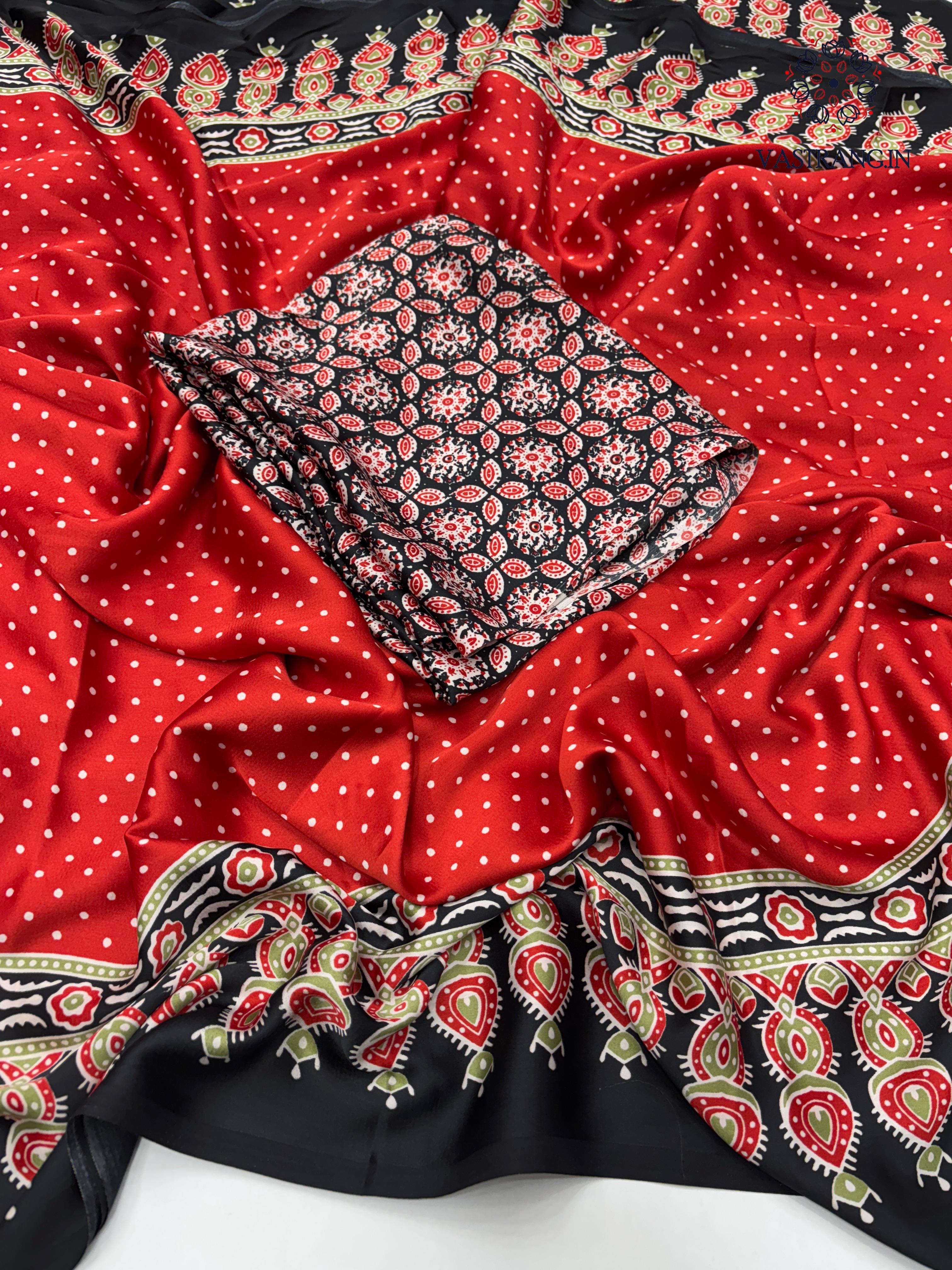 Gorgeous Party wear Pure Satin Silk Ajrak Printed Rich Pallu n Tussles Work Fancy Designer Saree