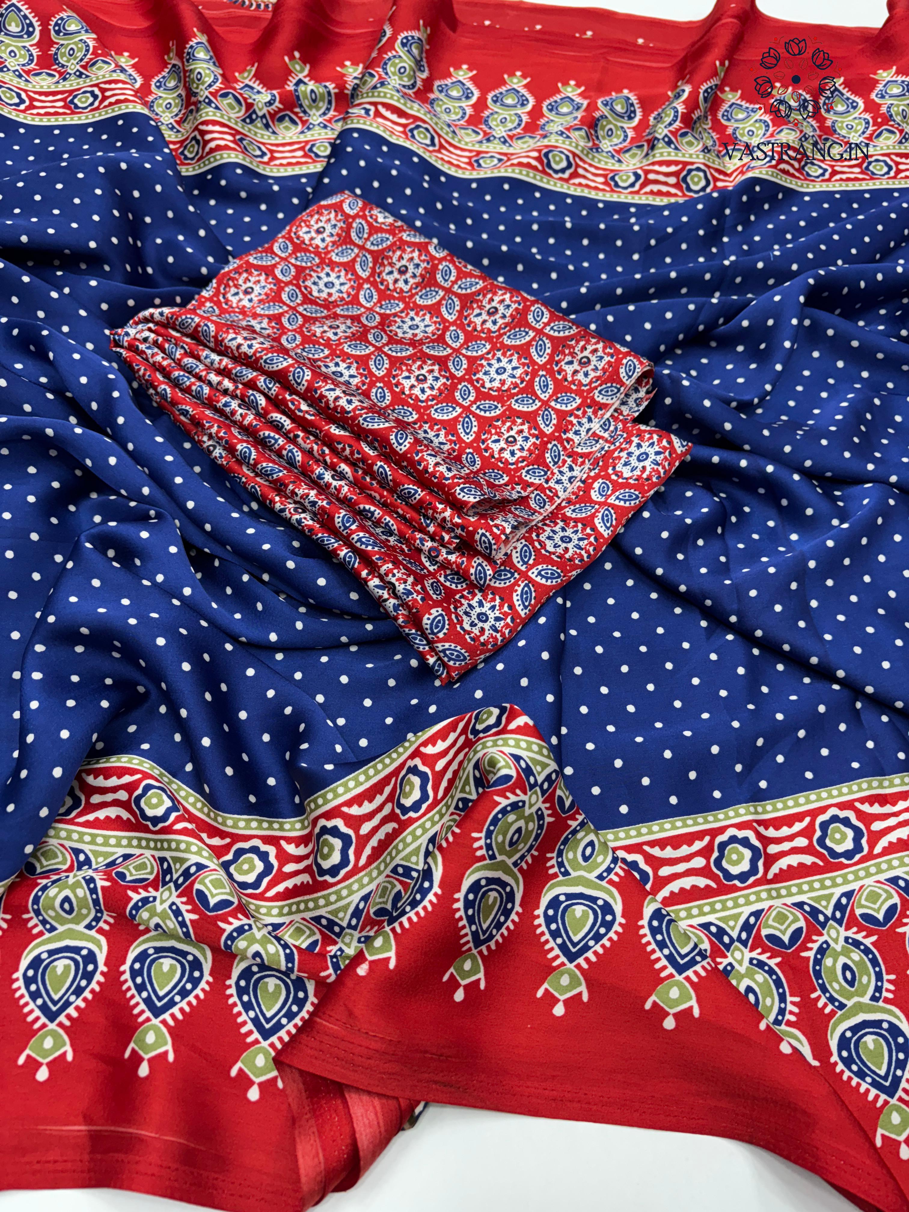 Gorgeous Party wear Pure Satin Silk Ajrak Printed Rich Pallu n Tussles Work Fancy Designer Saree