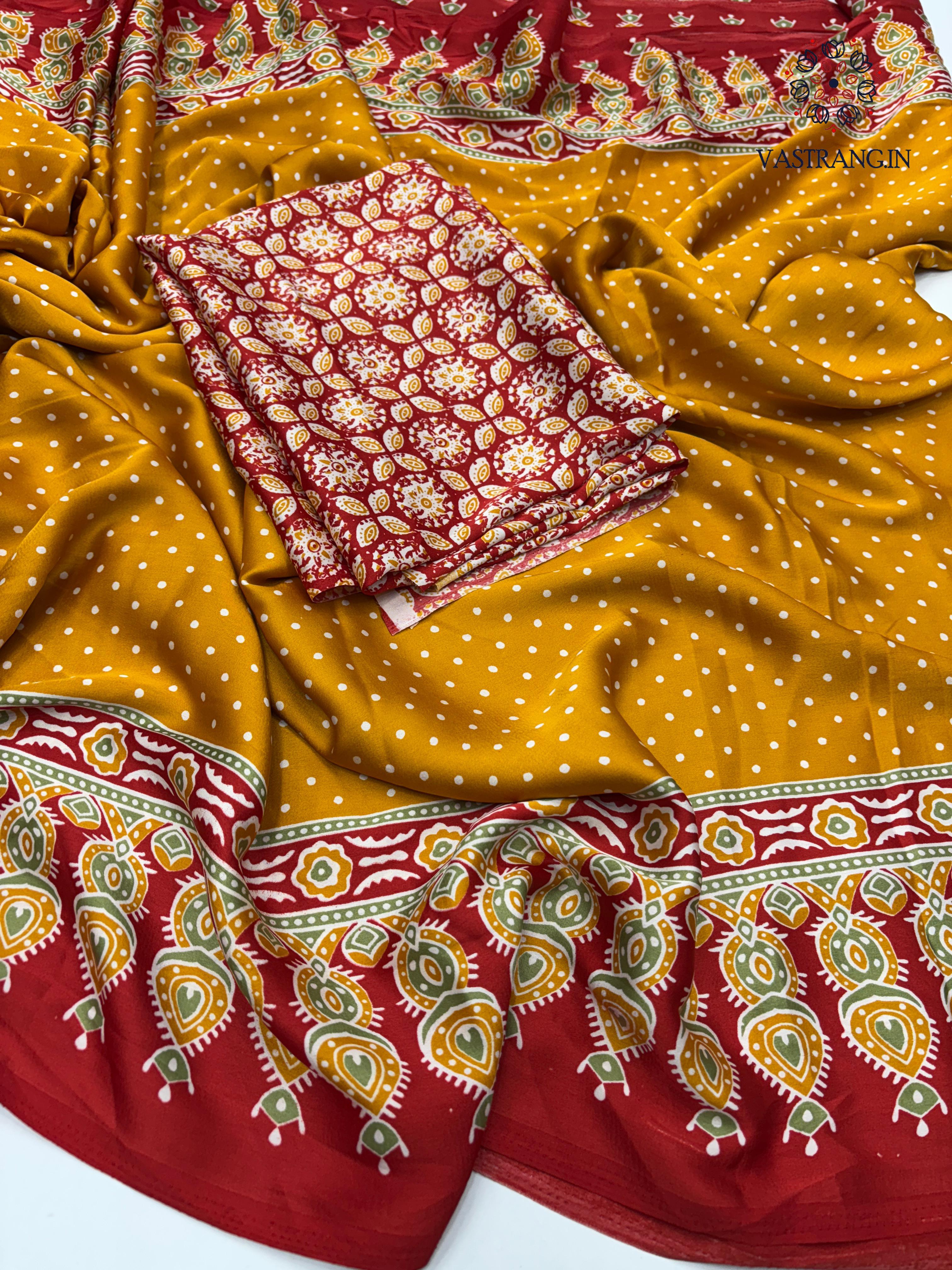 Gorgeous Party wear Pure Satin Silk Ajrak Printed Rich Pallu n Tussles Work Fancy Designer Saree