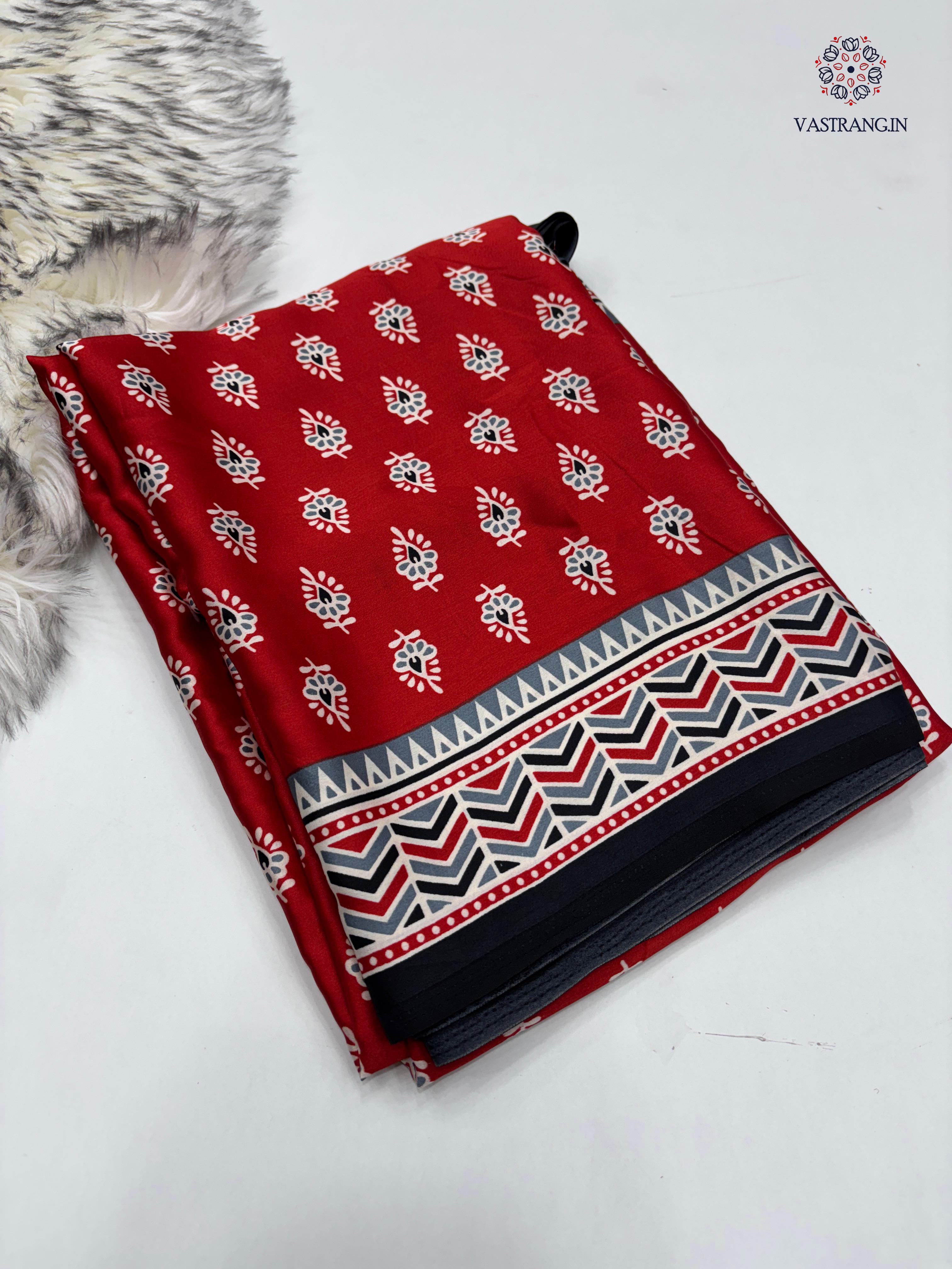 New Wedding Wear Red Color Pure Satin Silk Ajrak Printed Rich Pallu n Tussles Work Fancy Designer Saree