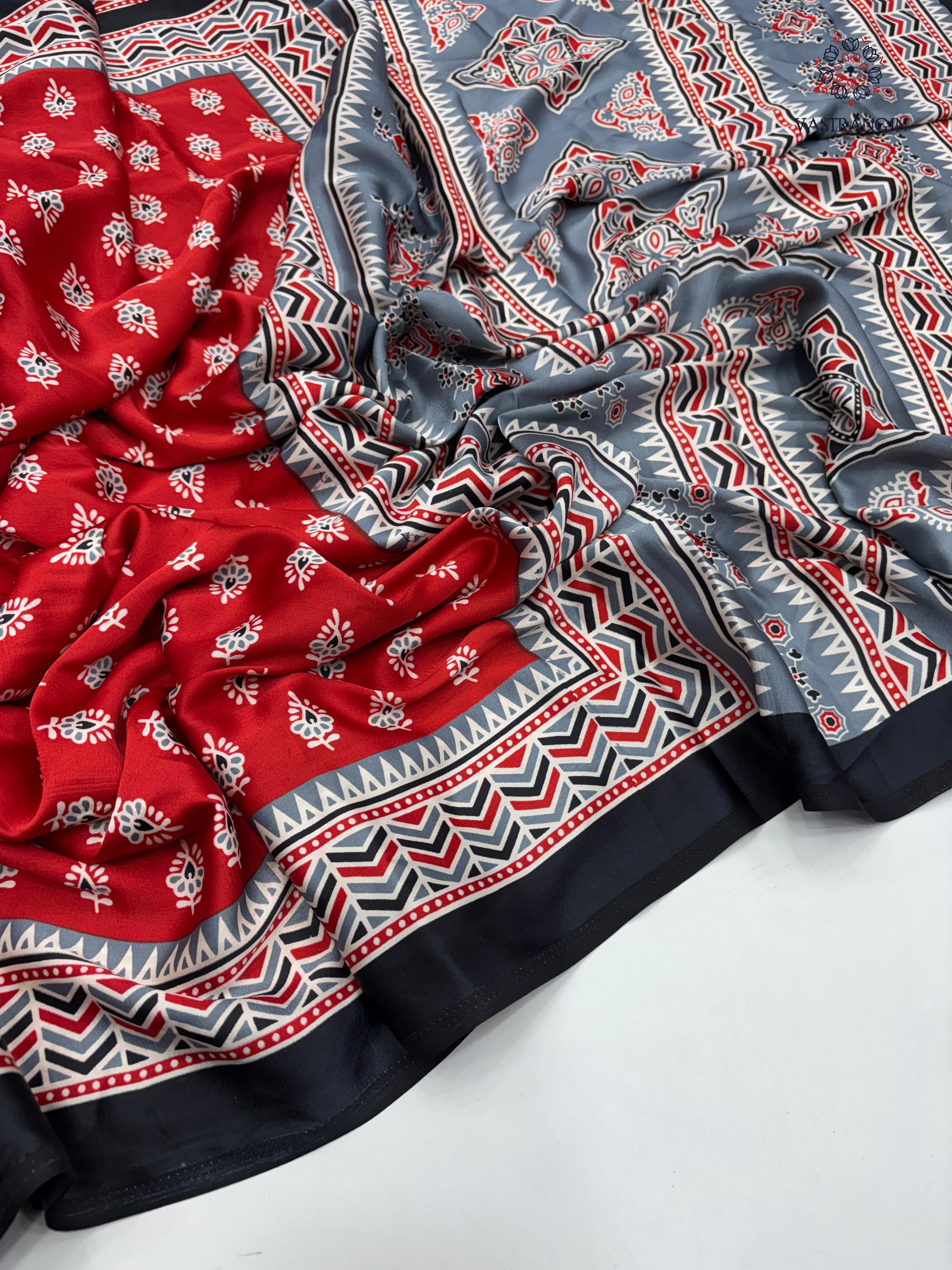 New Wedding Wear Red Color Pure Satin Silk Ajrak Printed Rich Pallu n Tussles Work Fancy Designer Saree