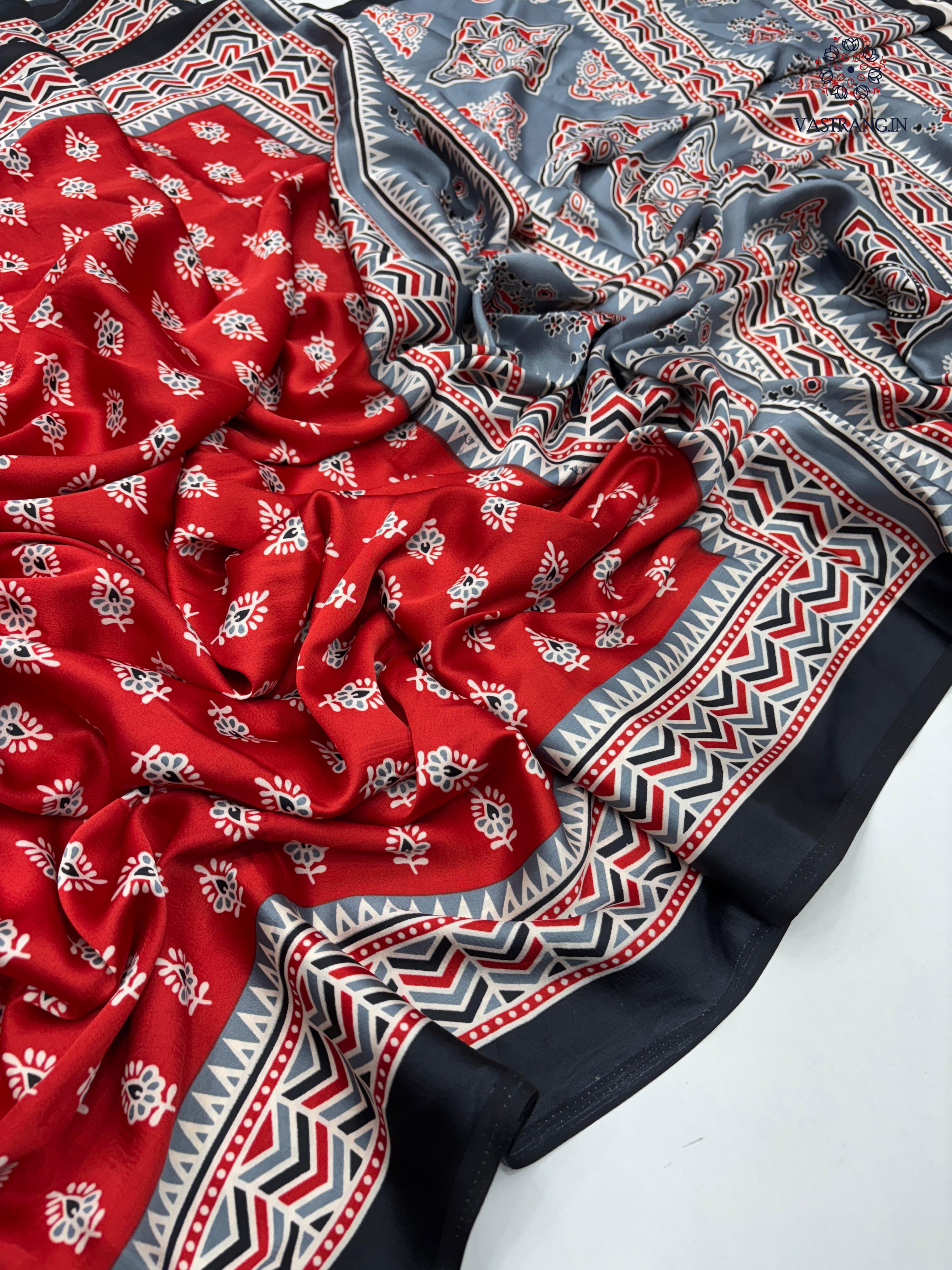 New Wedding Wear Red Color Pure Satin Silk Ajrak Printed Rich Pallu n Tussles Work Fancy Designer Saree