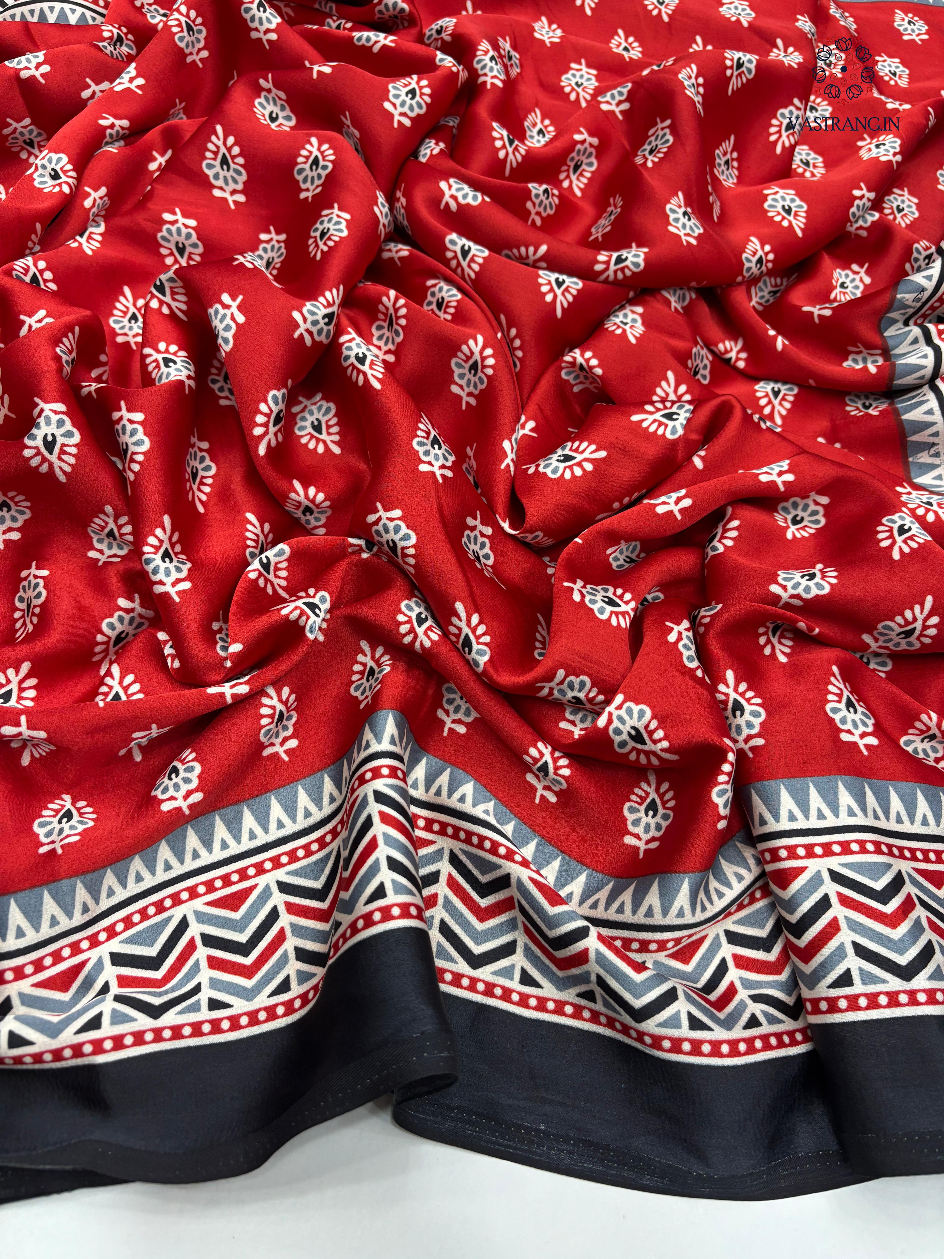 New Wedding Wear Red Color Pure Satin Silk Ajrak Printed Rich Pallu n Tussles Work Fancy Designer Saree