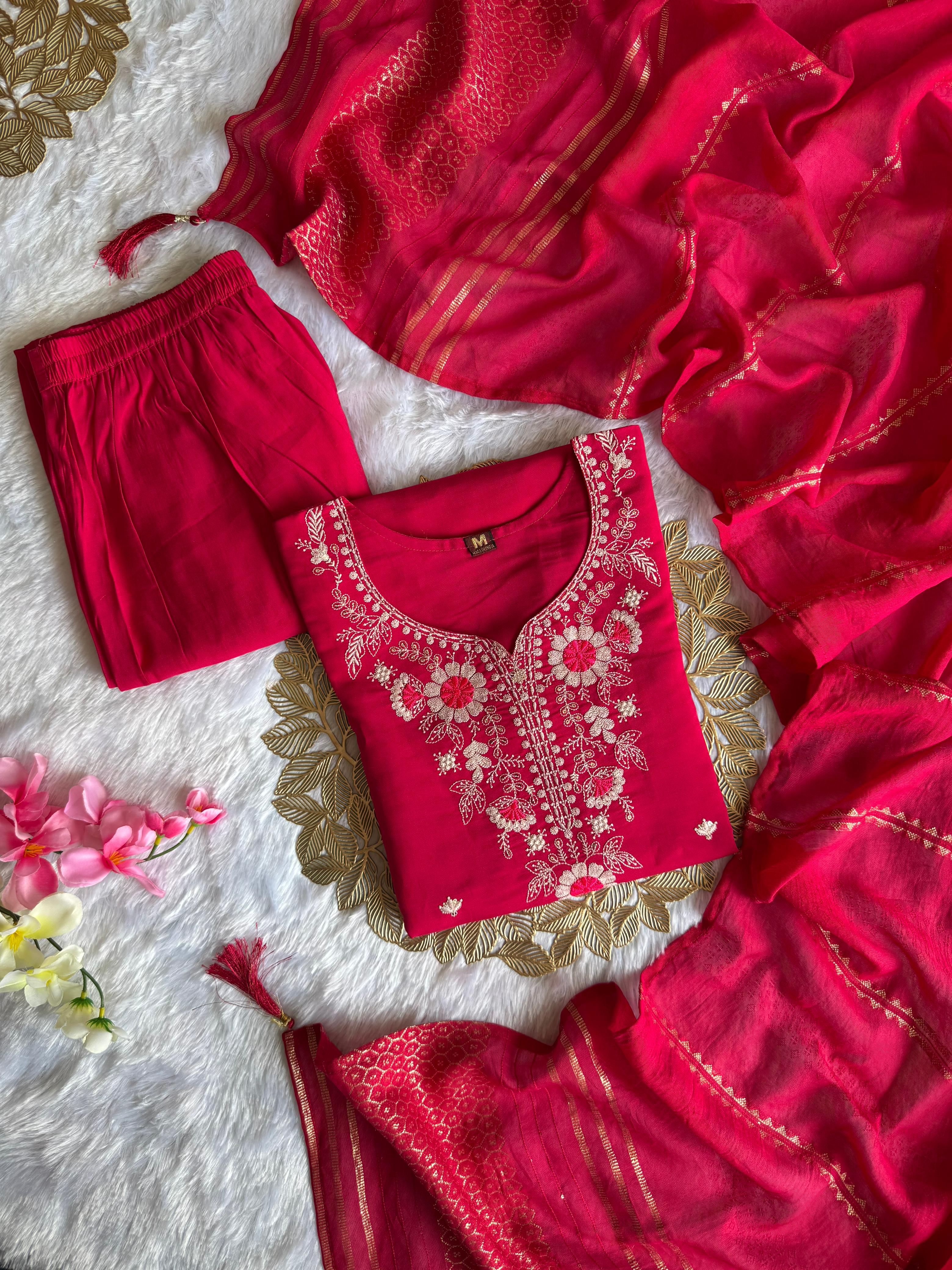 New Wedding Wear Pink Color Roman Silk Embroidery n Sequence Work Designer Straight Kurta With Trouser n Dupatta Set