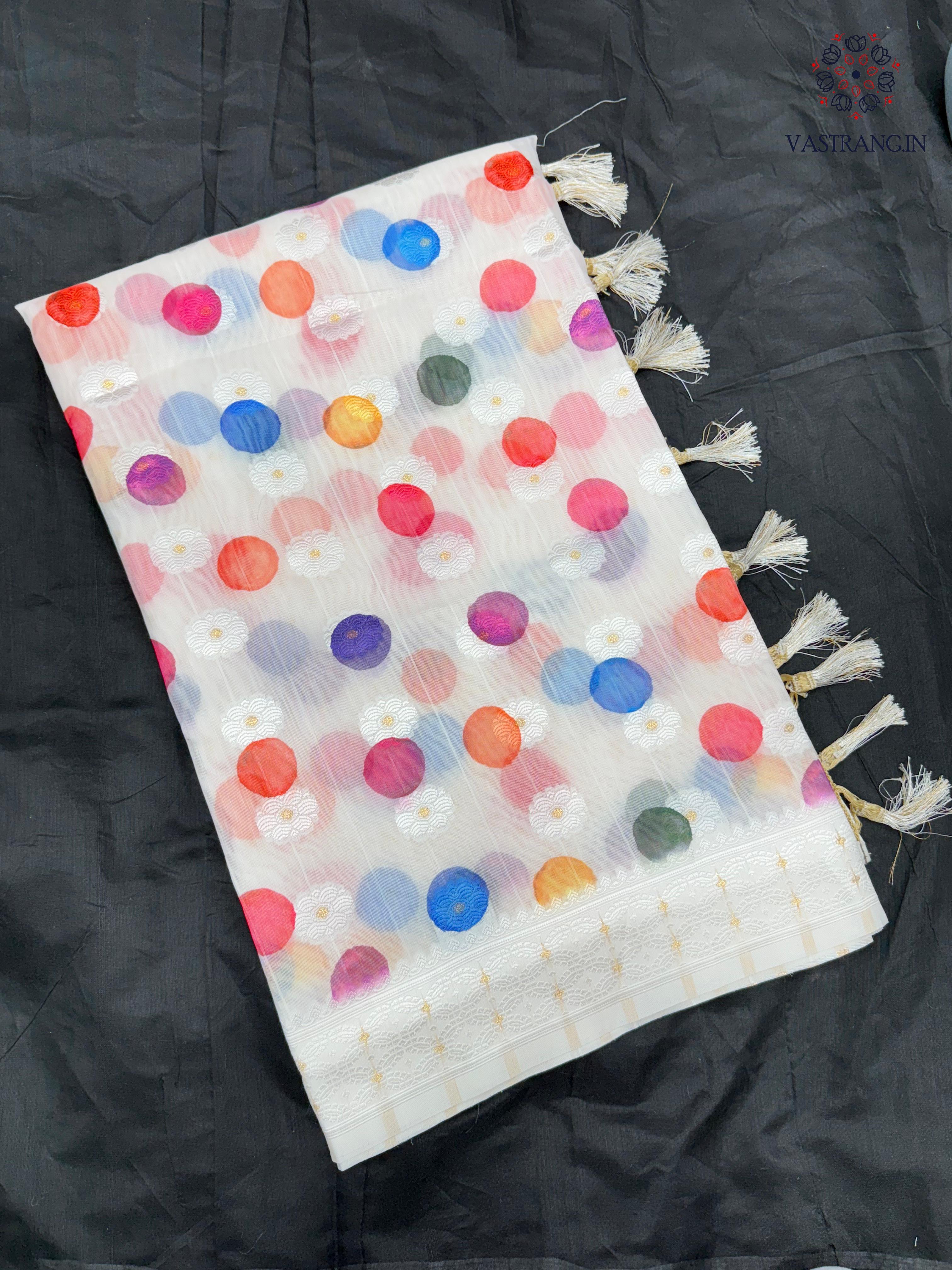 Partywear White Colour Soft Silk Lucknawi Work With Tassels Work Fancy Designer Saree