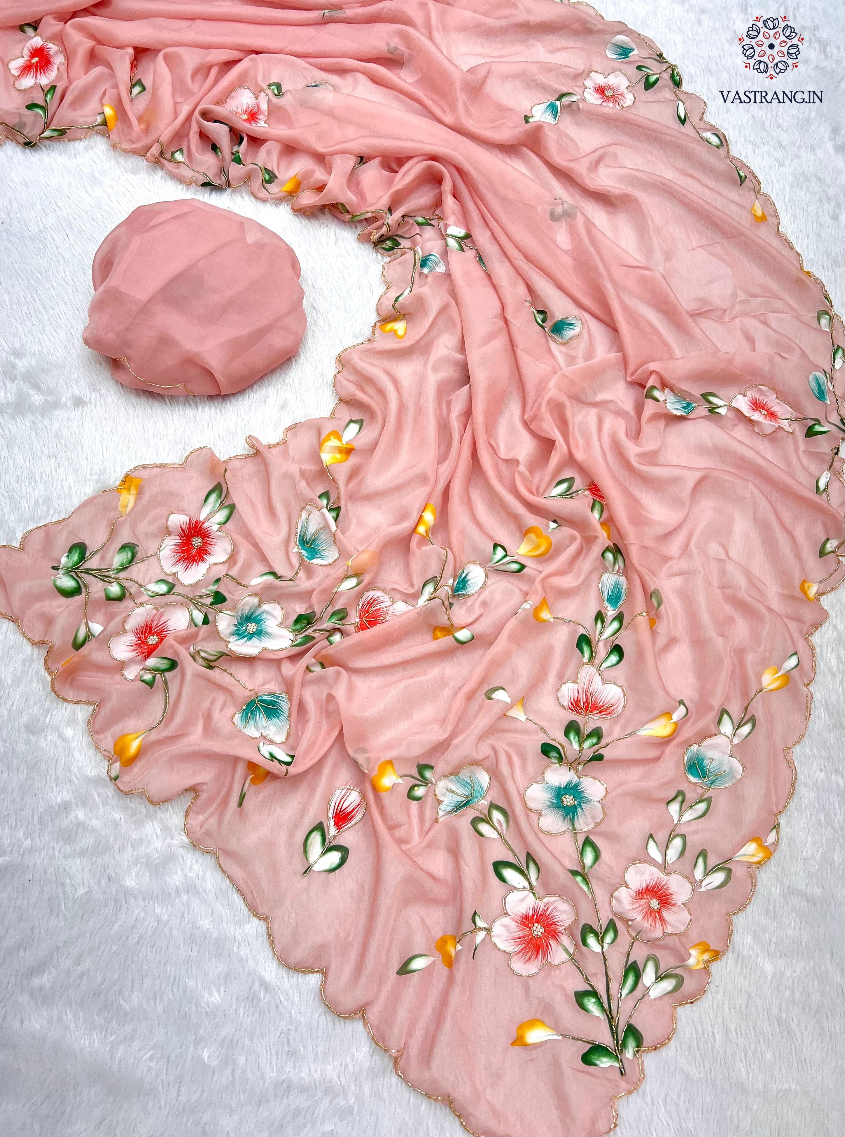 New Wedding Wear Pure Tebby Silk Handbrush Print Cut n Handwork Fancy Designer Saree With Blouse