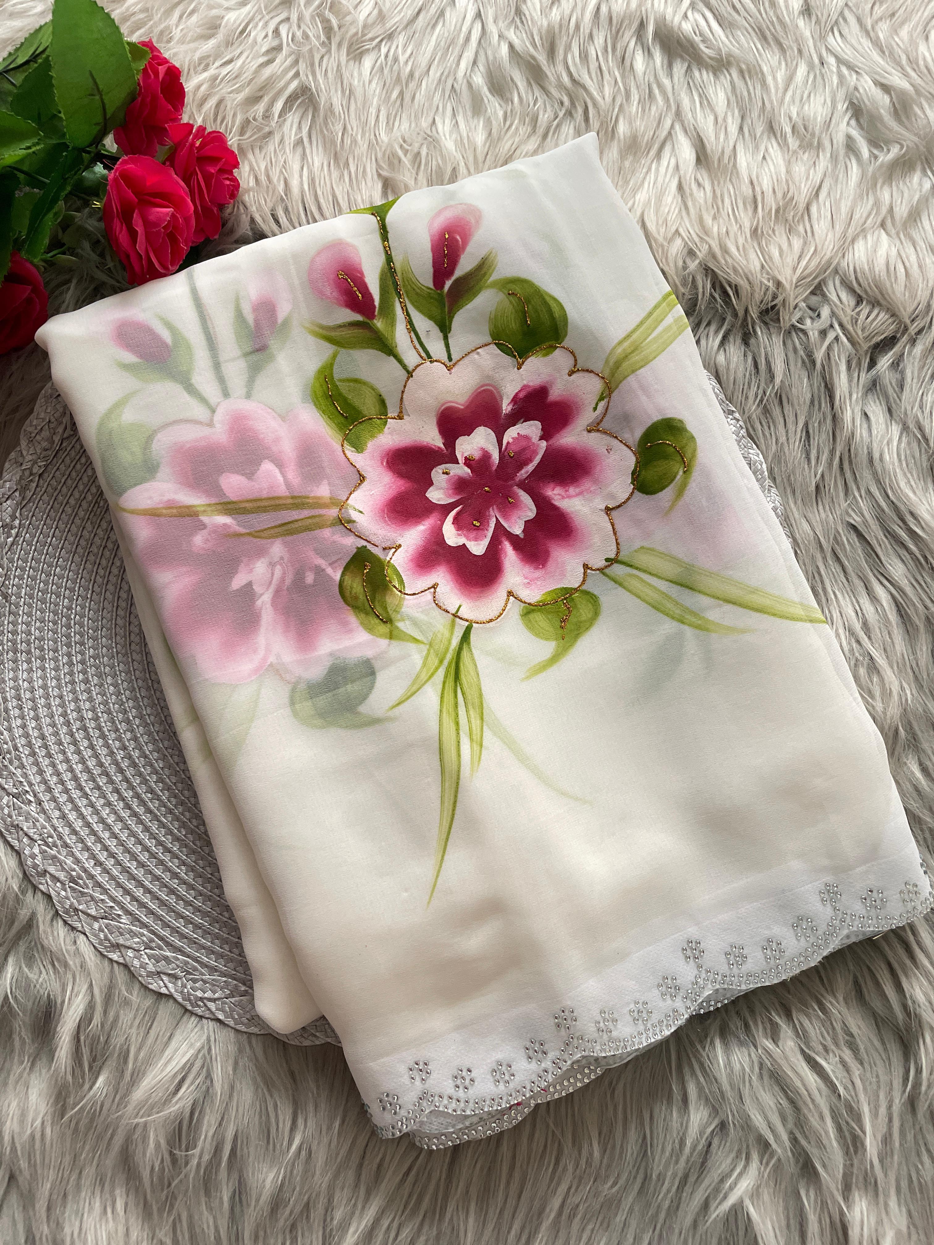 Latest Function Wear White Color Georgette Foil Print n Siroski Cut Work Fancy Designer Saree With Blouse