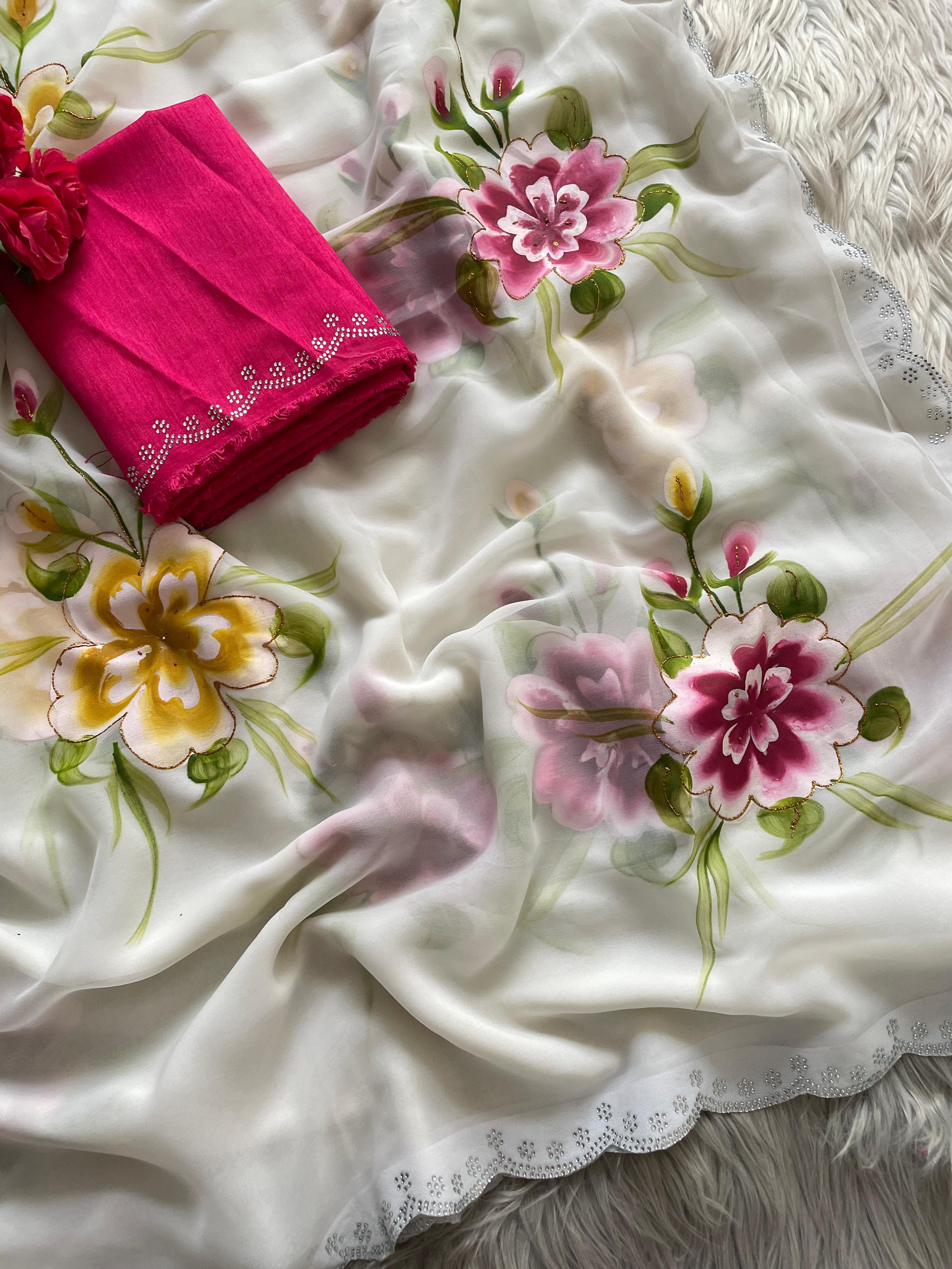 Latest Function Wear White Color Georgette Foil Print n Siroski Cut Work Fancy Designer Saree With Blouse