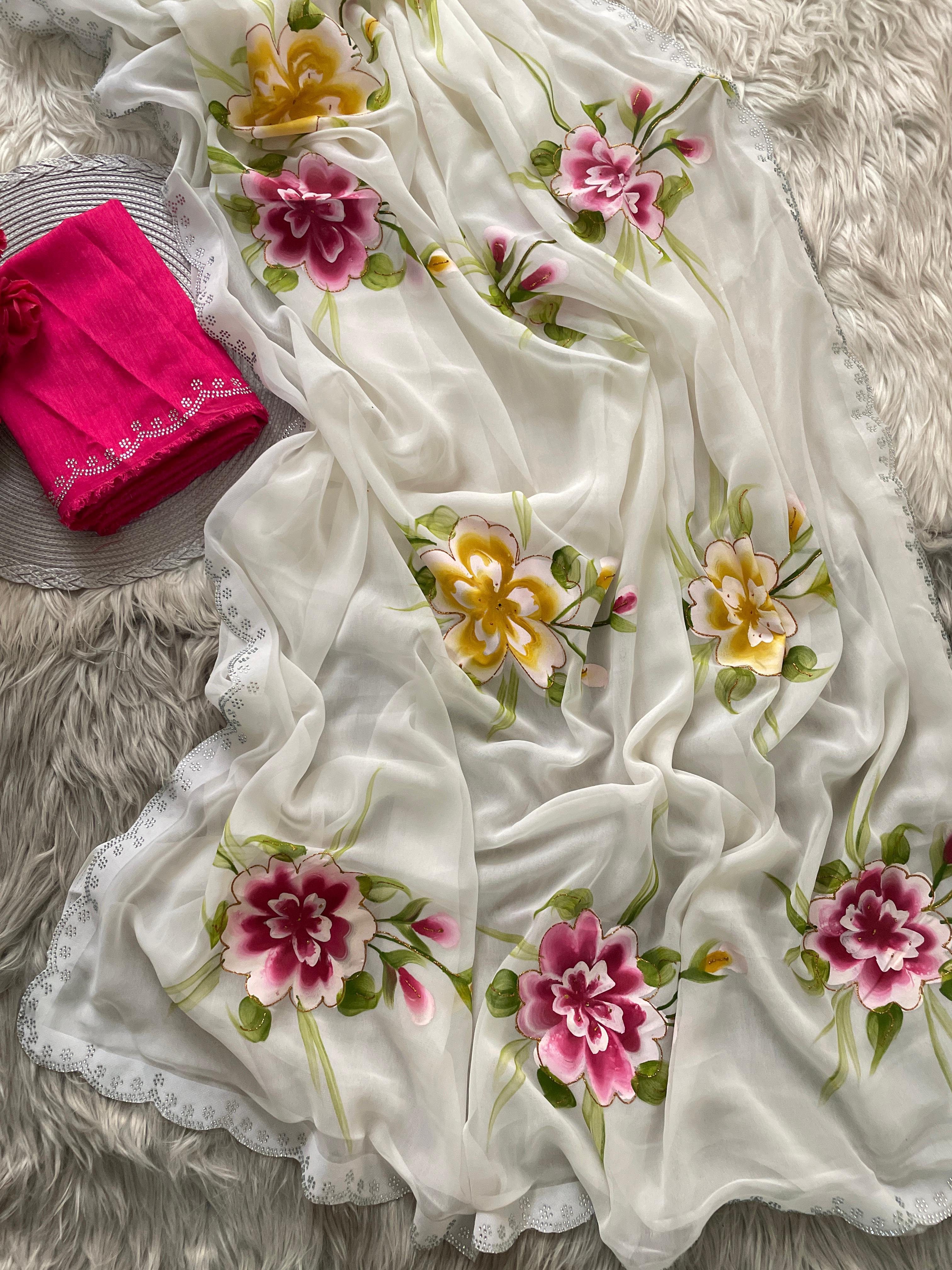 Latest Function Wear White Color Georgette Foil Print n Siroski Cut Work Fancy Designer Saree With Blouse