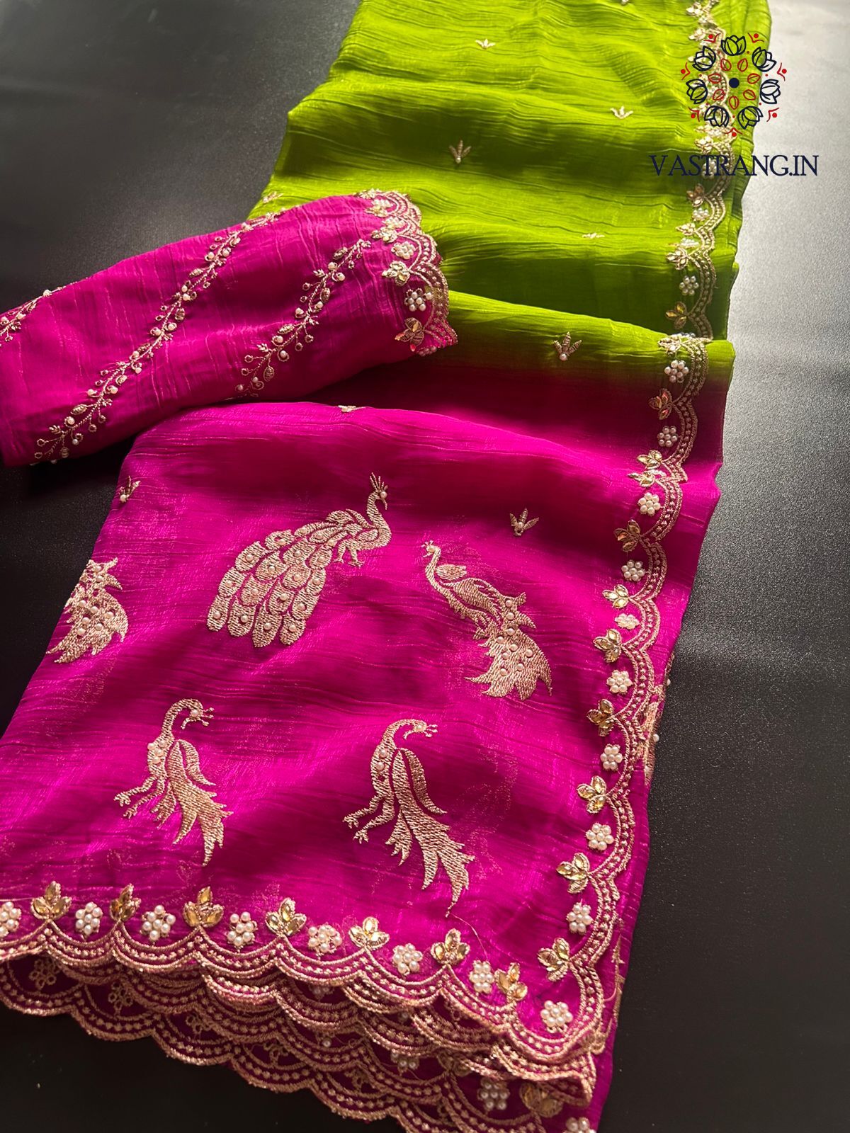 Prettiest Double Shaded Crunchy Chiffon Crush Silk Embroidery Work Partywear Fancy Designer Saree For Wedding