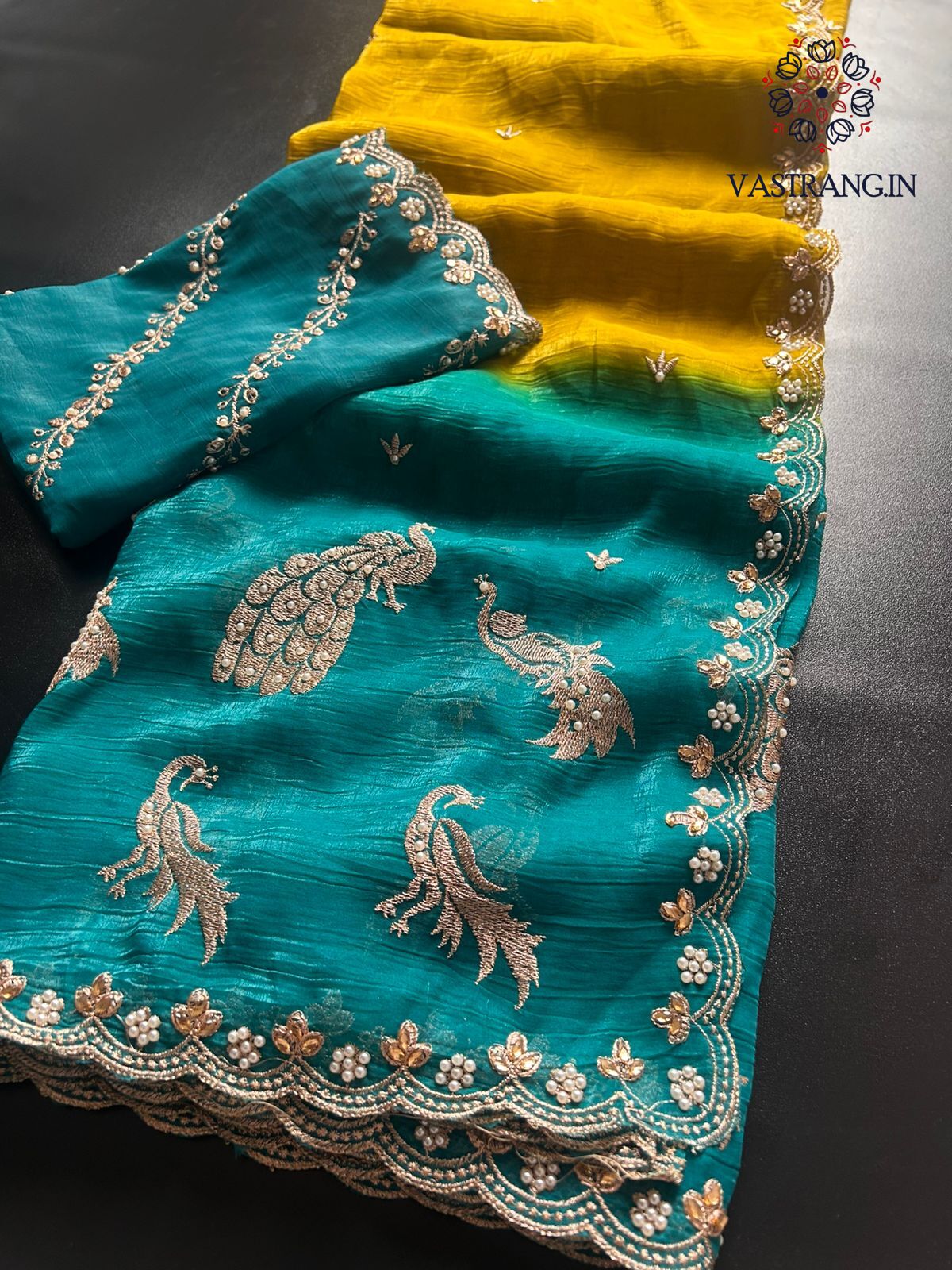 Prettiest Double Shaded Crunchy Chiffon Crush Silk Embroidery Work Partywear Fancy Designer Saree For Wedding