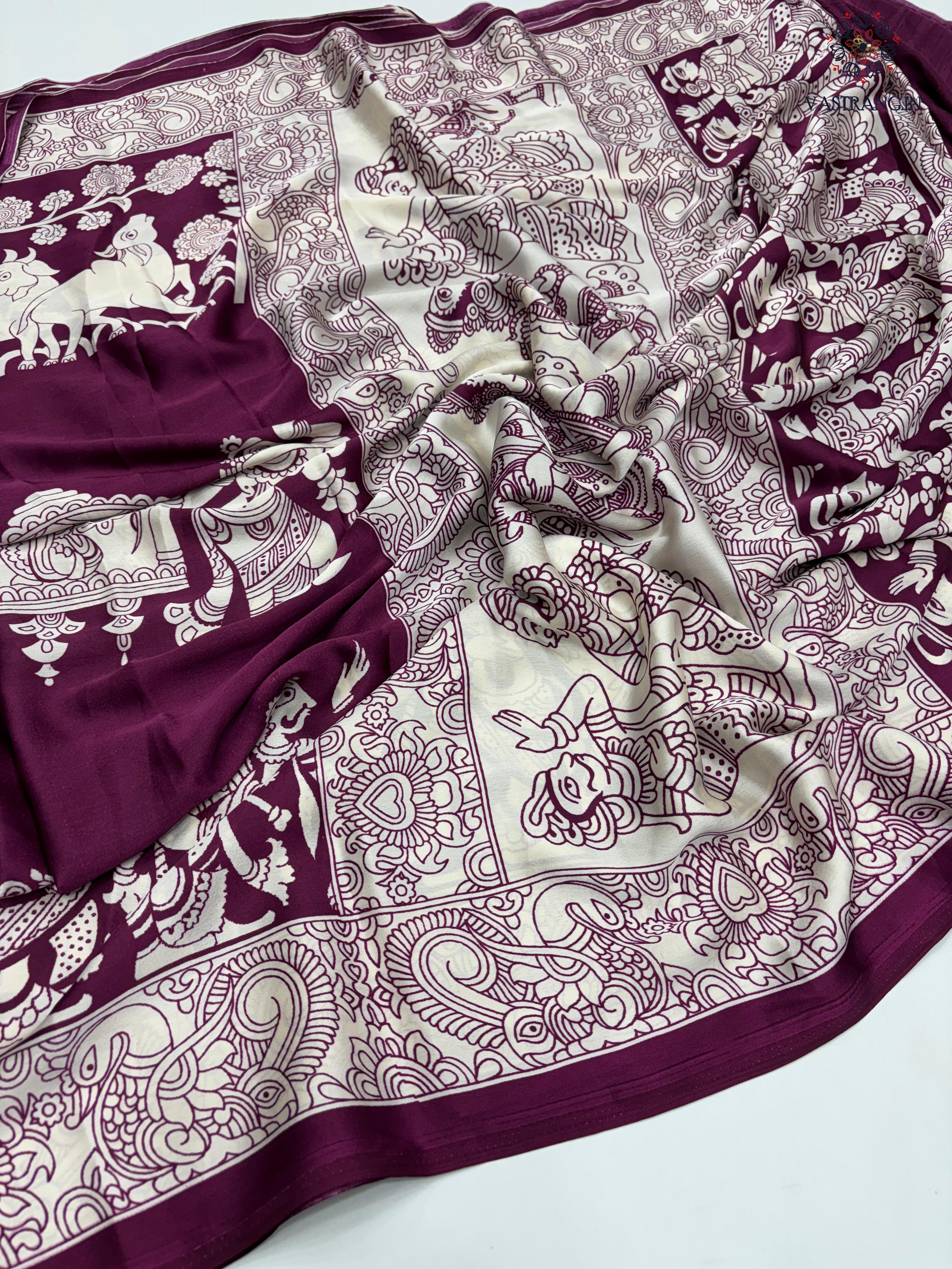 New Wine Color Festive Wear Pure Satin Silk Ajrak Printed Rich Pallu n Tussles Work Fancy Designer Saree