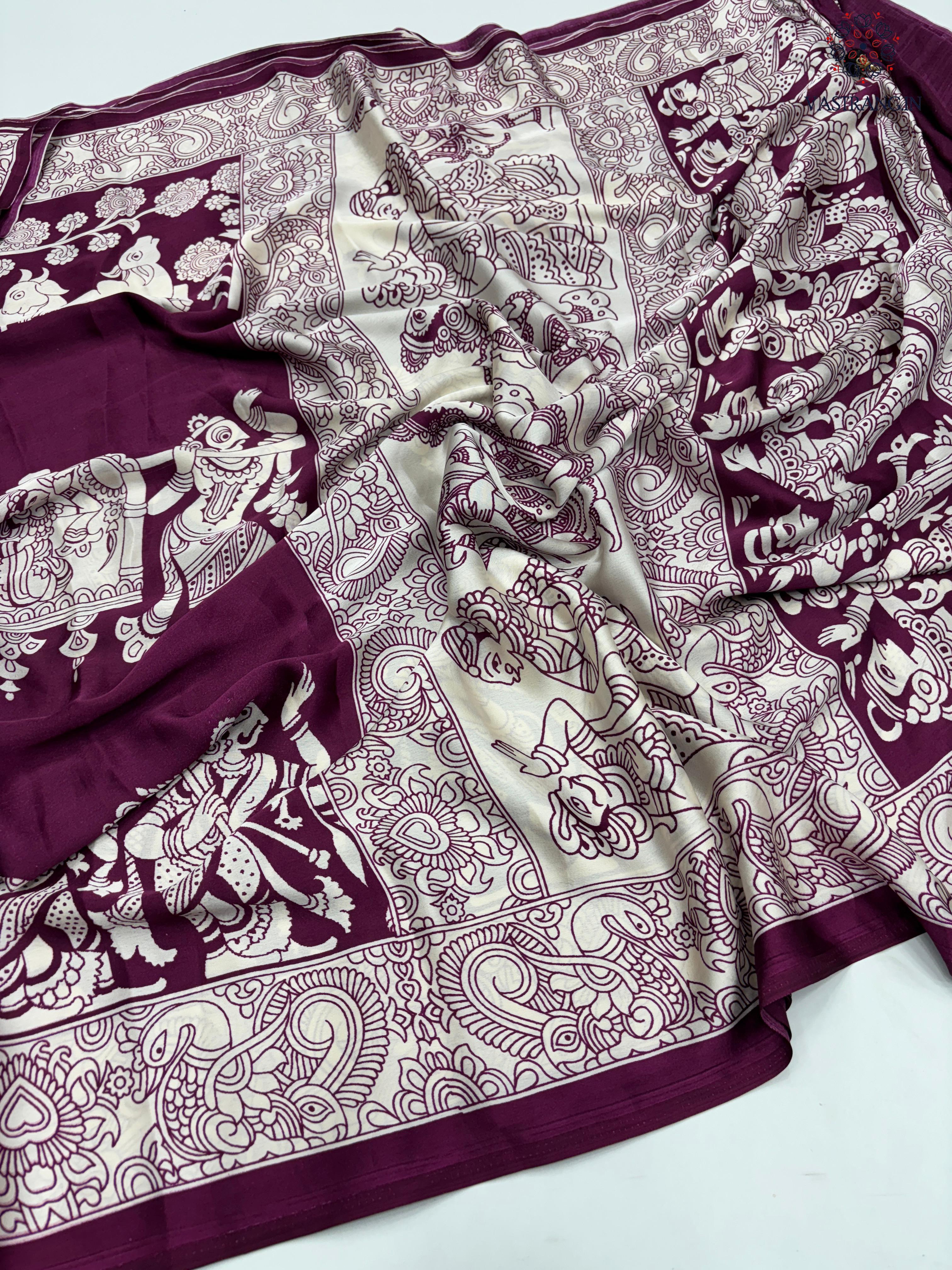 New Wine Color Festive Wear Pure Satin Silk Ajrak Printed Rich Pallu n Tussles Work Fancy Designer Saree