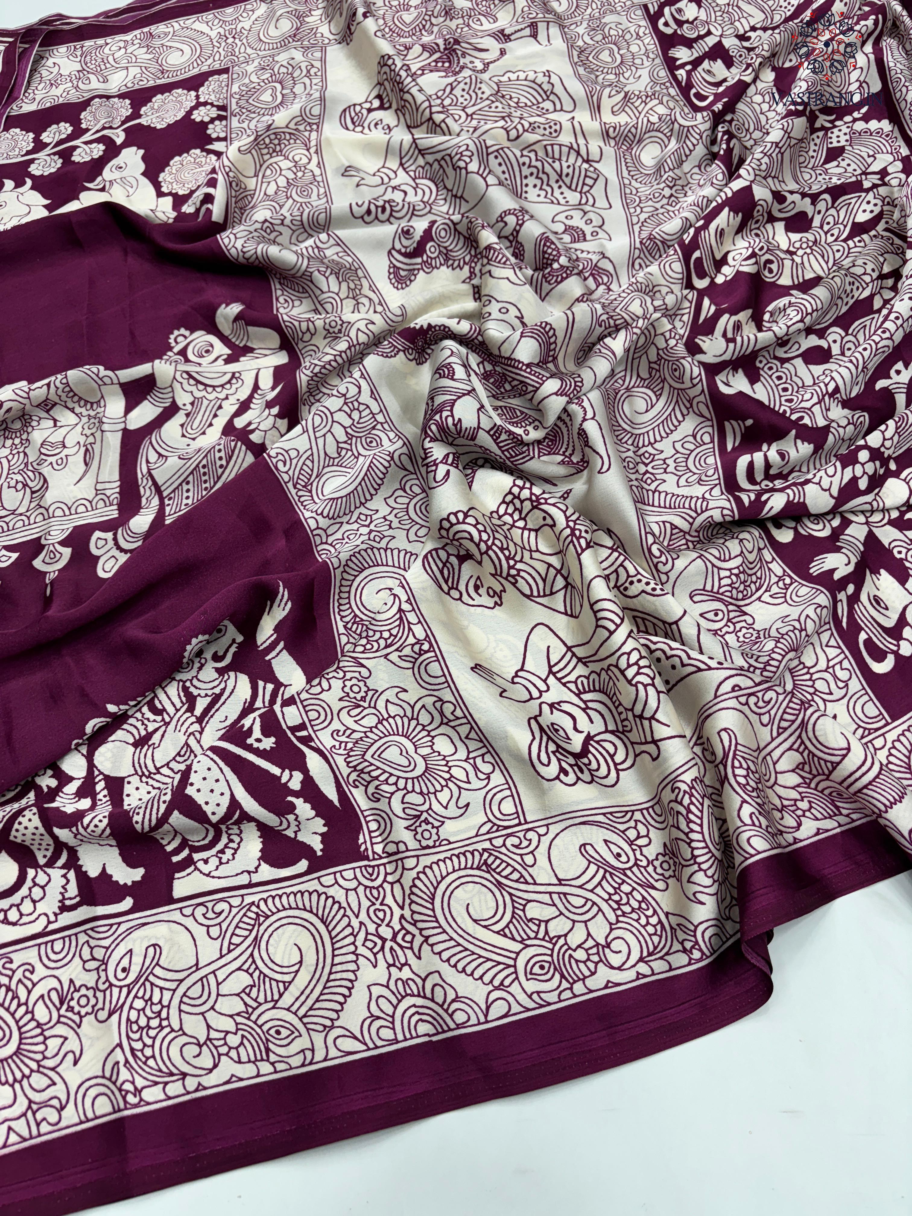 New Wine Color Festive Wear Pure Satin Silk Ajrak Printed Rich Pallu n Tussles Work Fancy Designer Saree