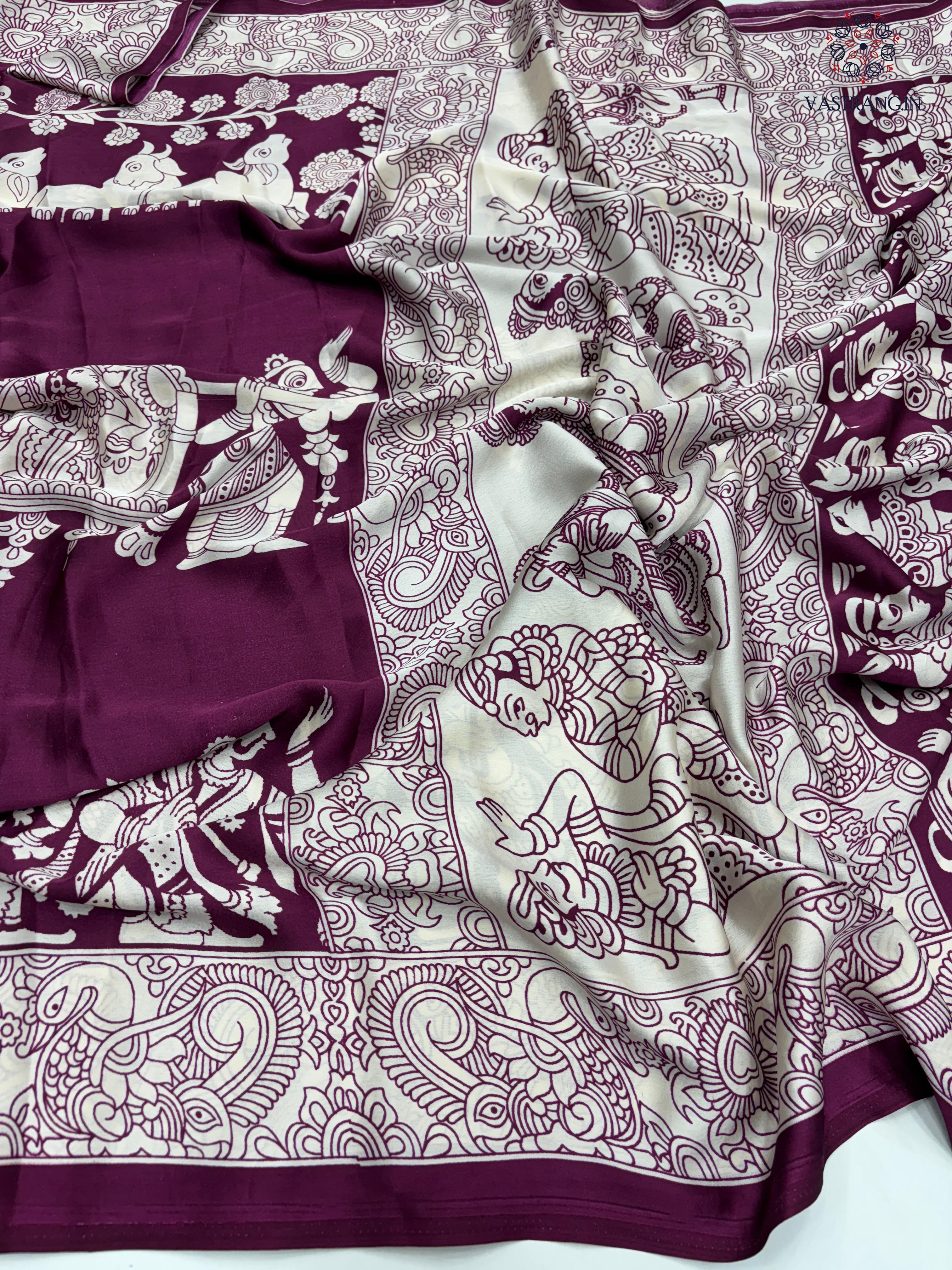 New Wine Color Festive Wear Pure Satin Silk Ajrak Printed Rich Pallu n Tussles Work Fancy Designer Saree