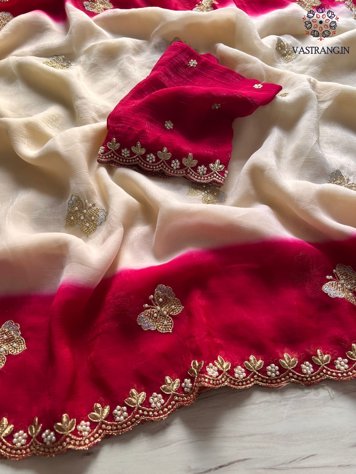 Attractive Double Shaded Crunchy Chiffon Crush Silk Embroidery Work Partywear Fancy Designer Saree With Contrast Blouse