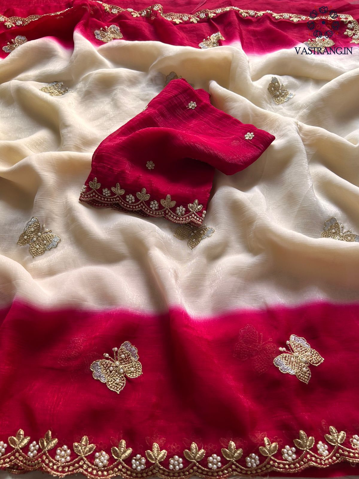 Attractive Double Shaded Crunchy Chiffon Crush Silk Embroidery Work Partywear Fancy Designer Saree With Contrast Blouse