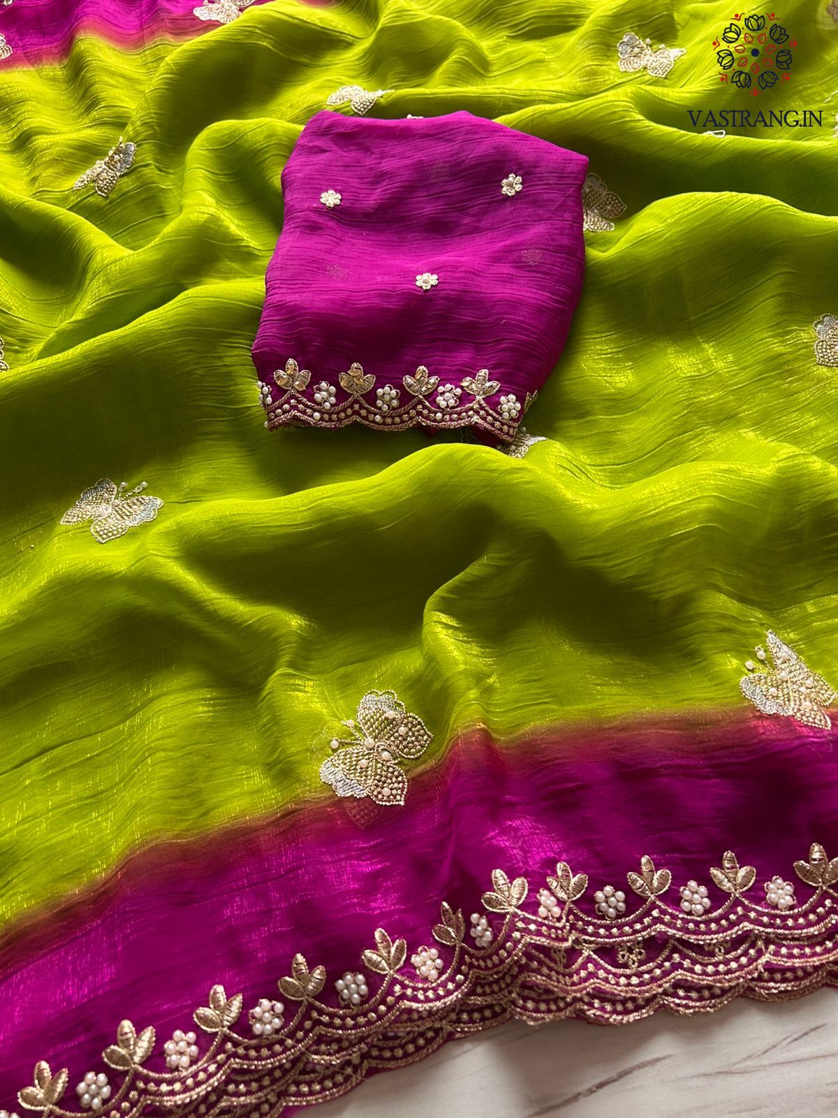 Attractive Double Shaded Crunchy Chiffon Crush Silk Embroidery Work Partywear Fancy Designer Saree With Contrast Blouse