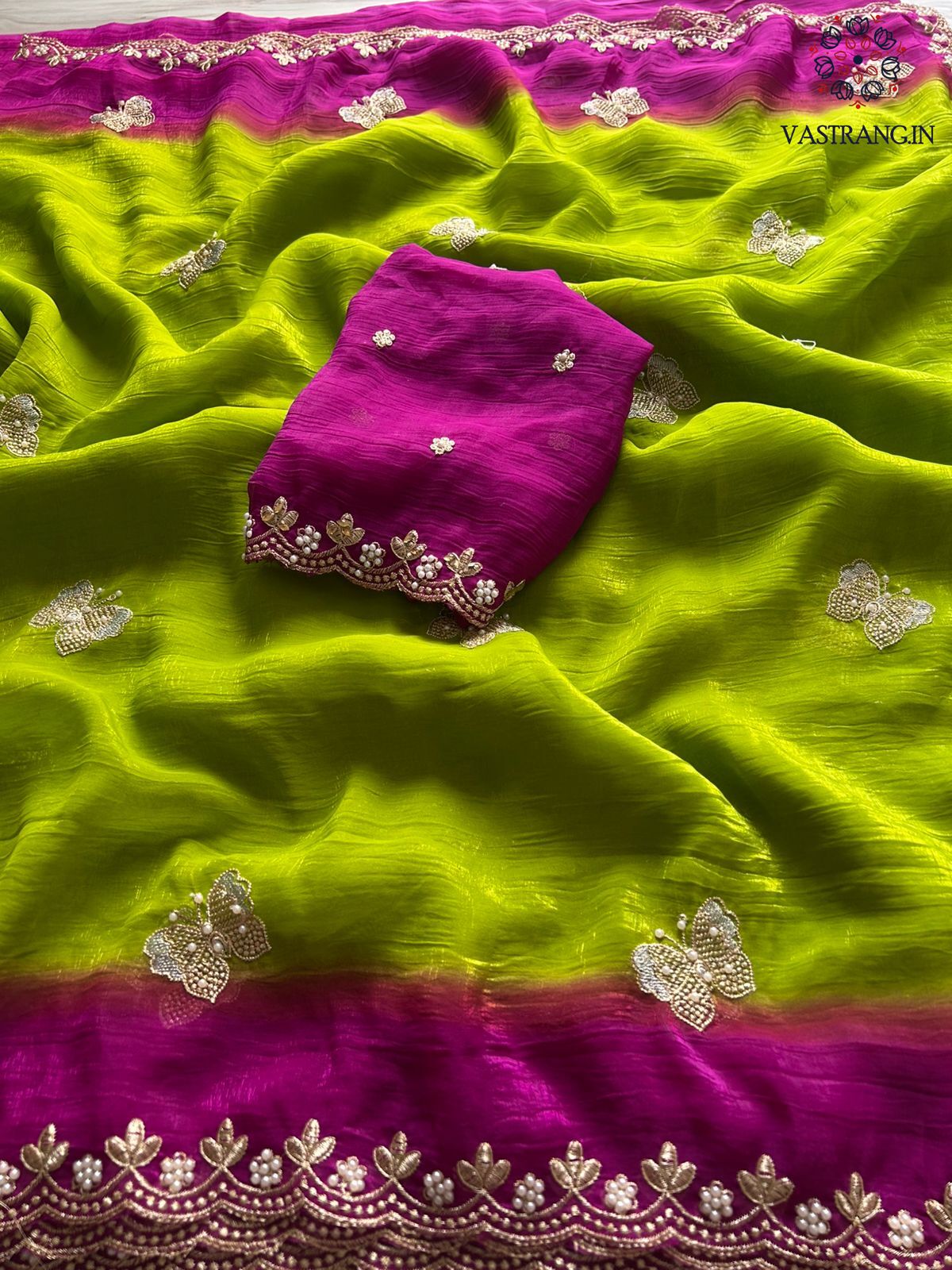 Attractive Double Shaded Crunchy Chiffon Crush Silk Embroidery Work Partywear Fancy Designer Saree With Contrast Blouse