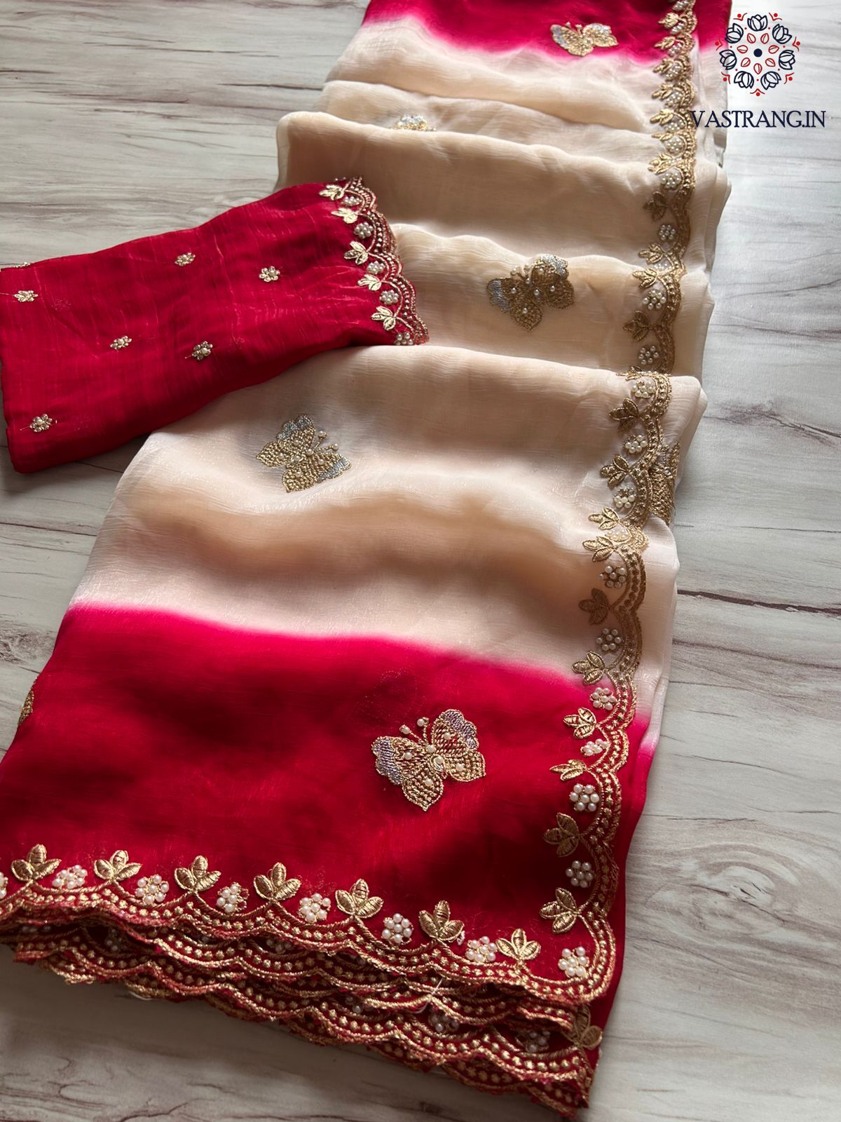 Attractive Double Shaded Crunchy Chiffon Crush Silk Embroidery Work Partywear Fancy Designer Saree With Contrast Blouse