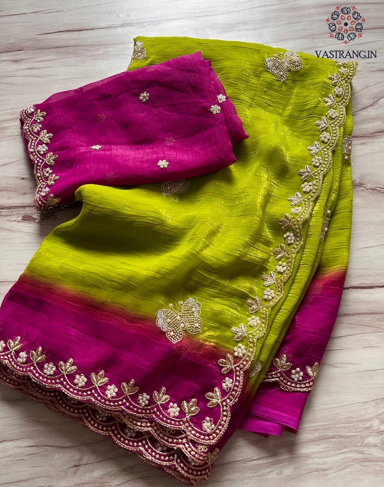 Attractive Double Shaded Crunchy Chiffon Crush Silk Embroidery Work Partywear Fancy Designer Saree With Contrast Blouse