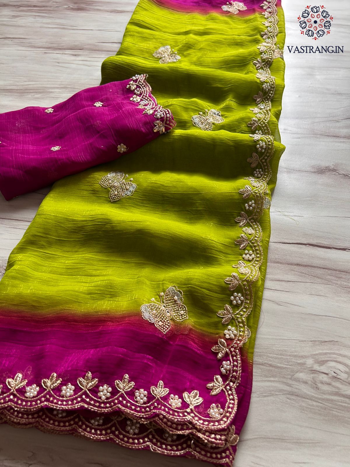 Attractive Double Shaded Crunchy Chiffon Crush Silk Embroidery Work Partywear Fancy Designer Saree With Contrast Blouse