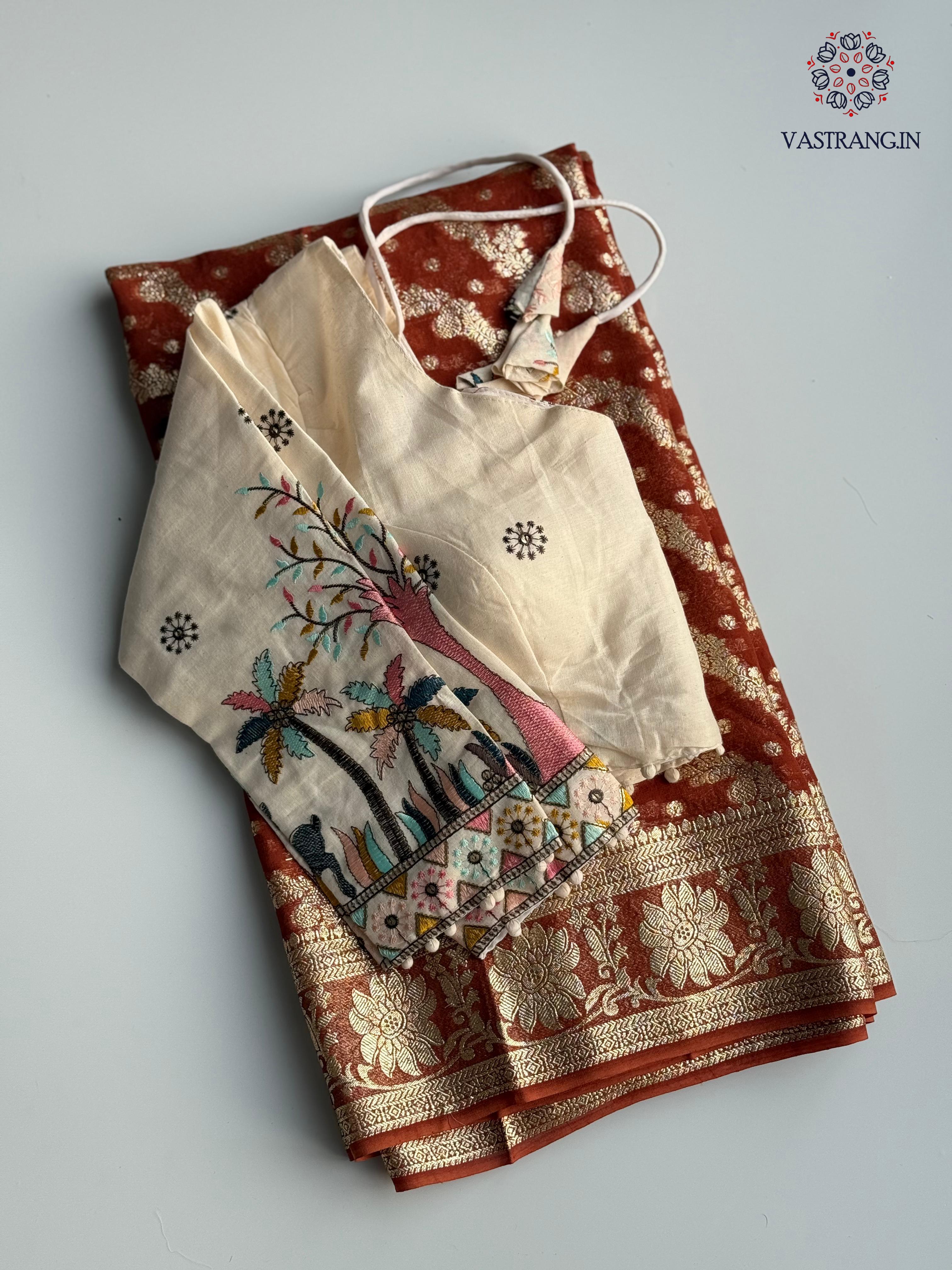 Beautiful Party Wear Viscose Georgette Zari Work Embroidery Stiched Blouse Saree for Ceremonial Occasion