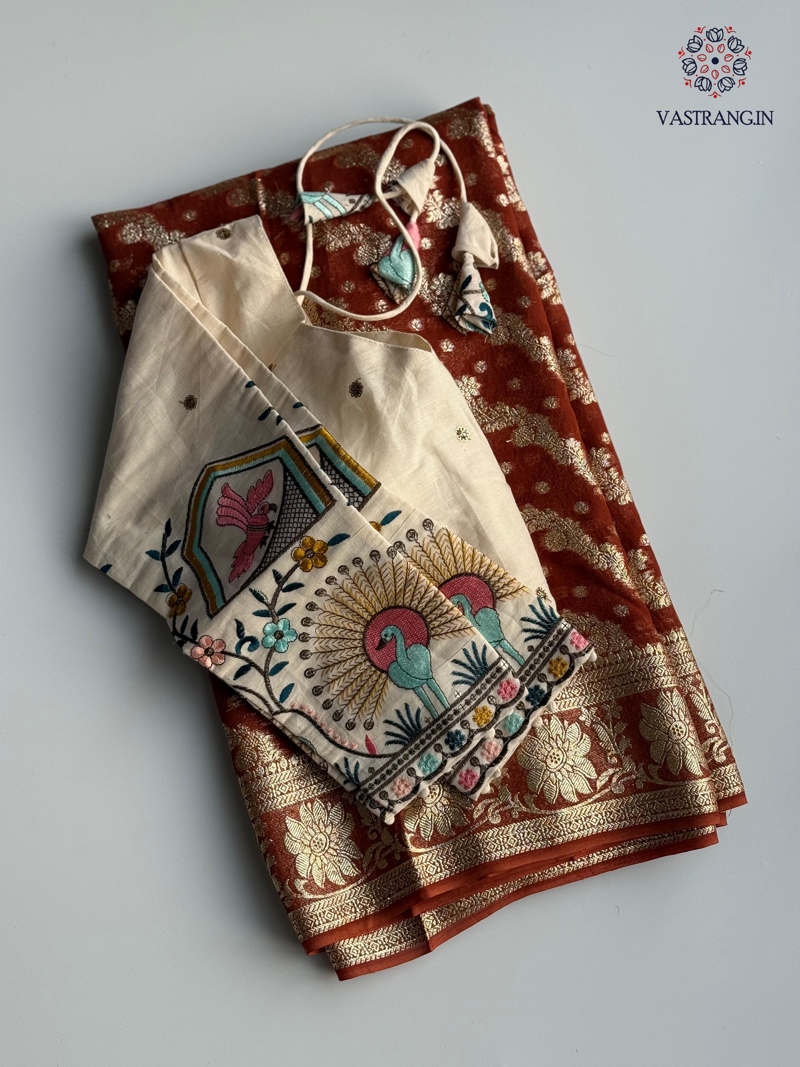 Beautiful Party Wear Viscose Georgette Zari Work Embroidery Stiched Blouse Saree for Ceremonial Occasion