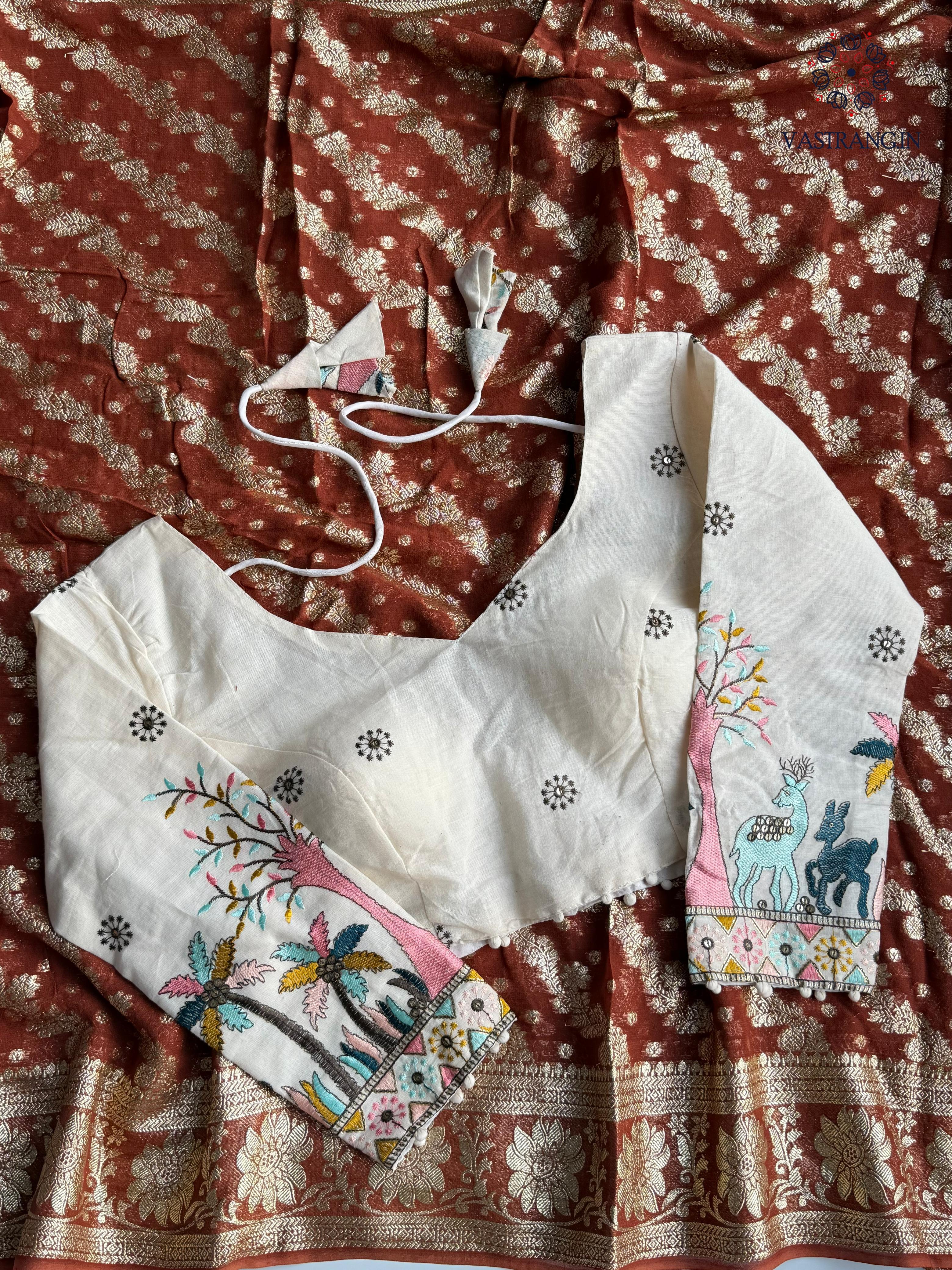 Beautiful Party Wear Viscose Georgette Zari Work Embroidery Stiched Blouse Saree for Ceremonial Occasion