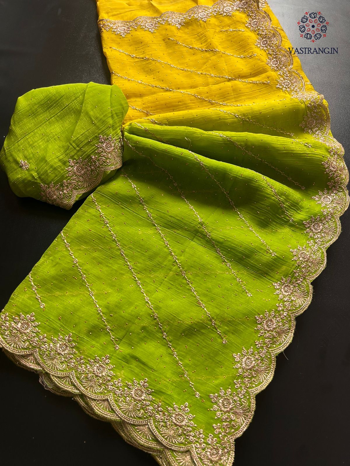 Charming Double Shaded Crunchy Chiffon Crush Silk Embroidery N Siroshki Work Partywear Fancy Designer Saree For Wedding