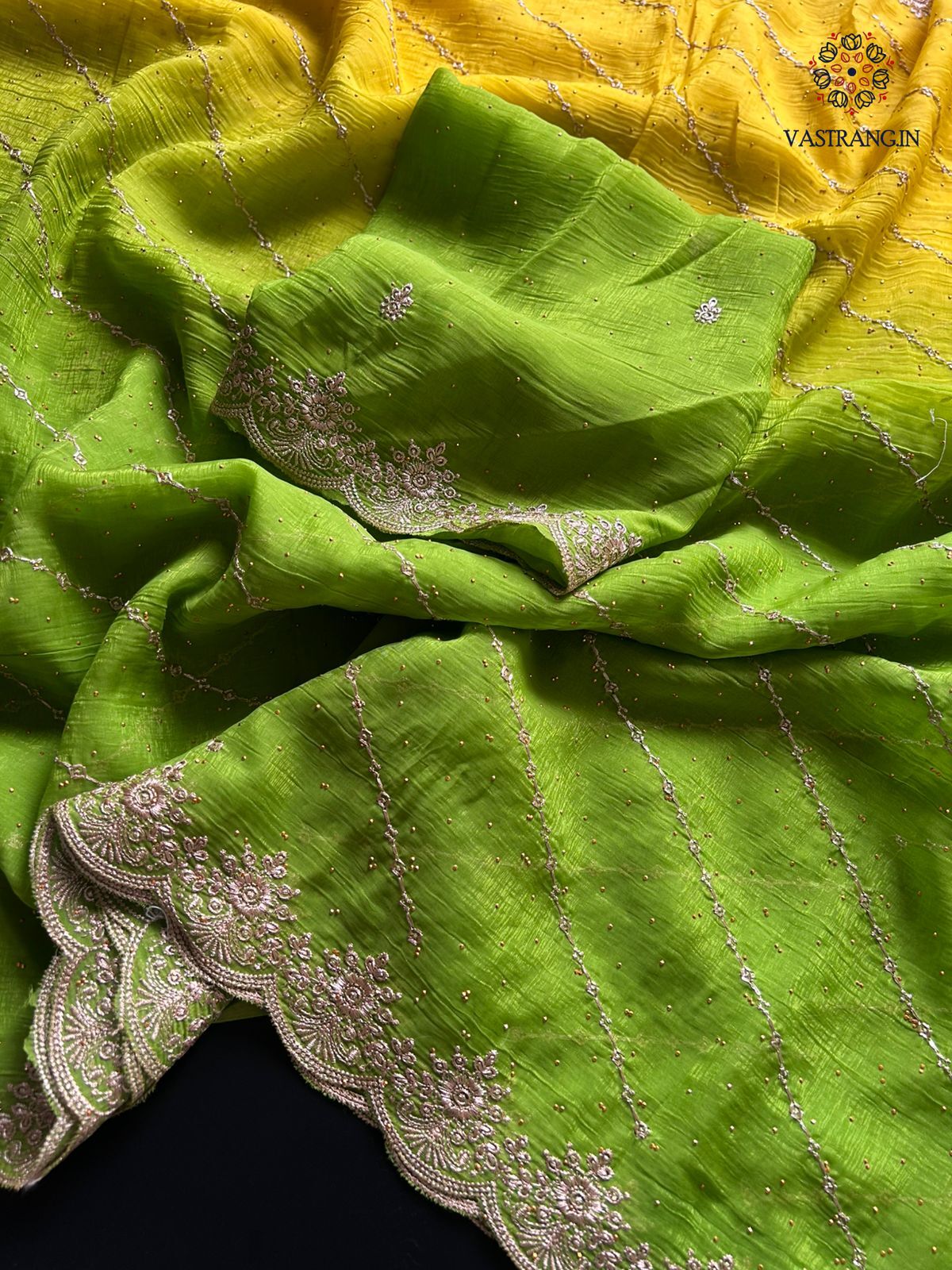 Charming Double Shaded Crunchy Chiffon Crush Silk Embroidery N Siroshki Work Partywear Fancy Designer Saree For Wedding