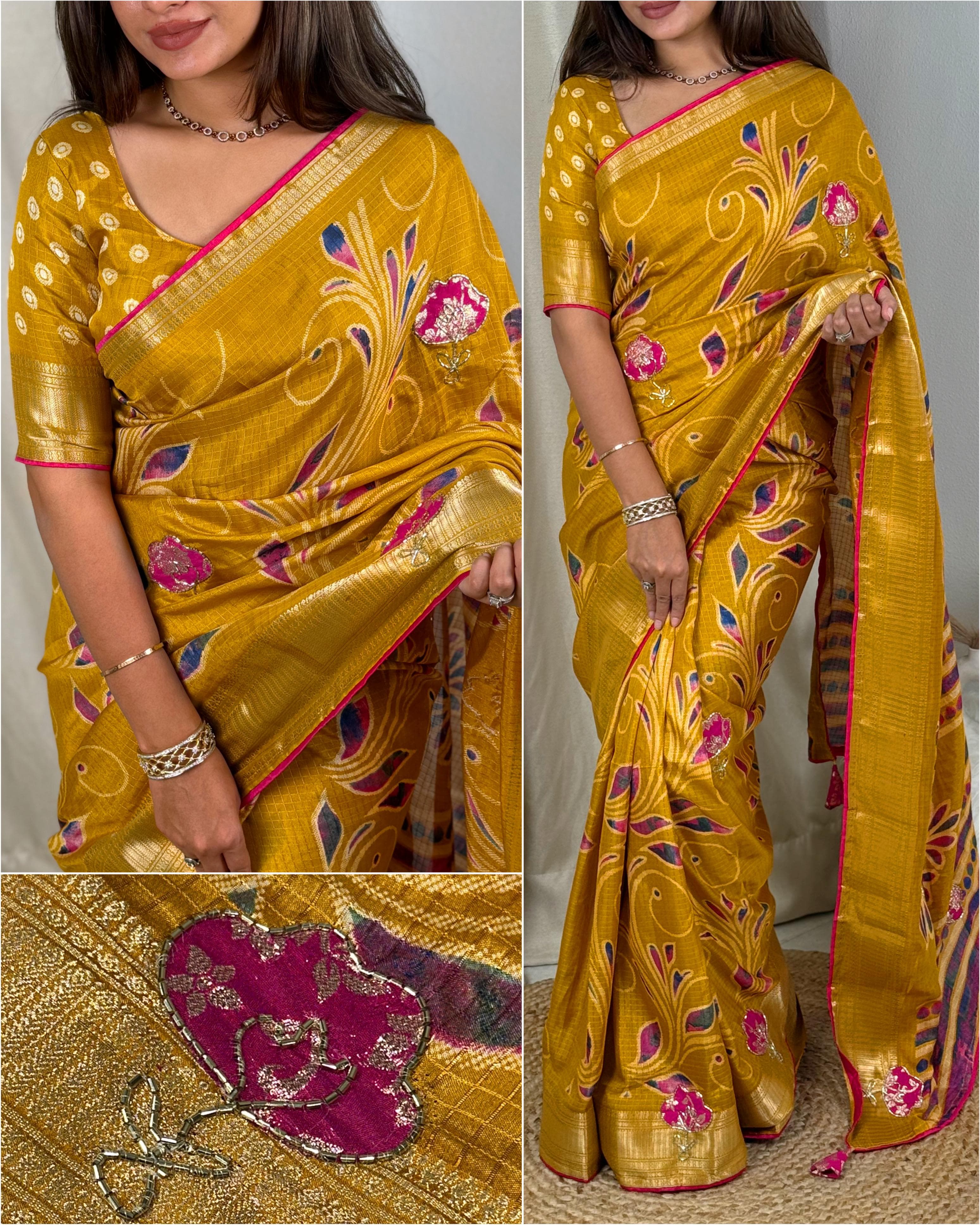 Elegant New Festive Wear Soft Cotton Designer Tussles Print n Weaving Work Saree For Women