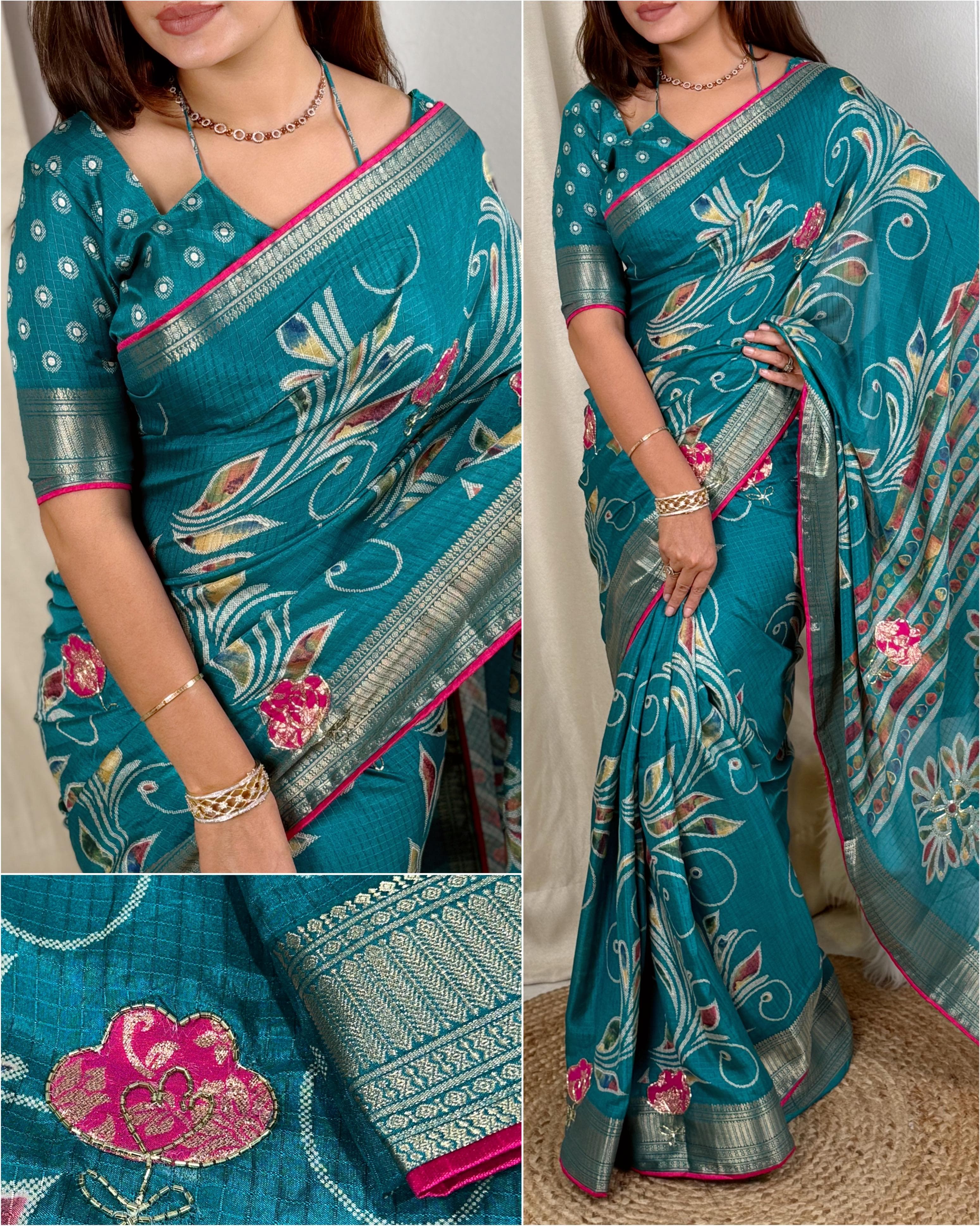 Elegant New Festive Wear Soft Cotton Designer Tussles Print n Weaving Work Saree For Women