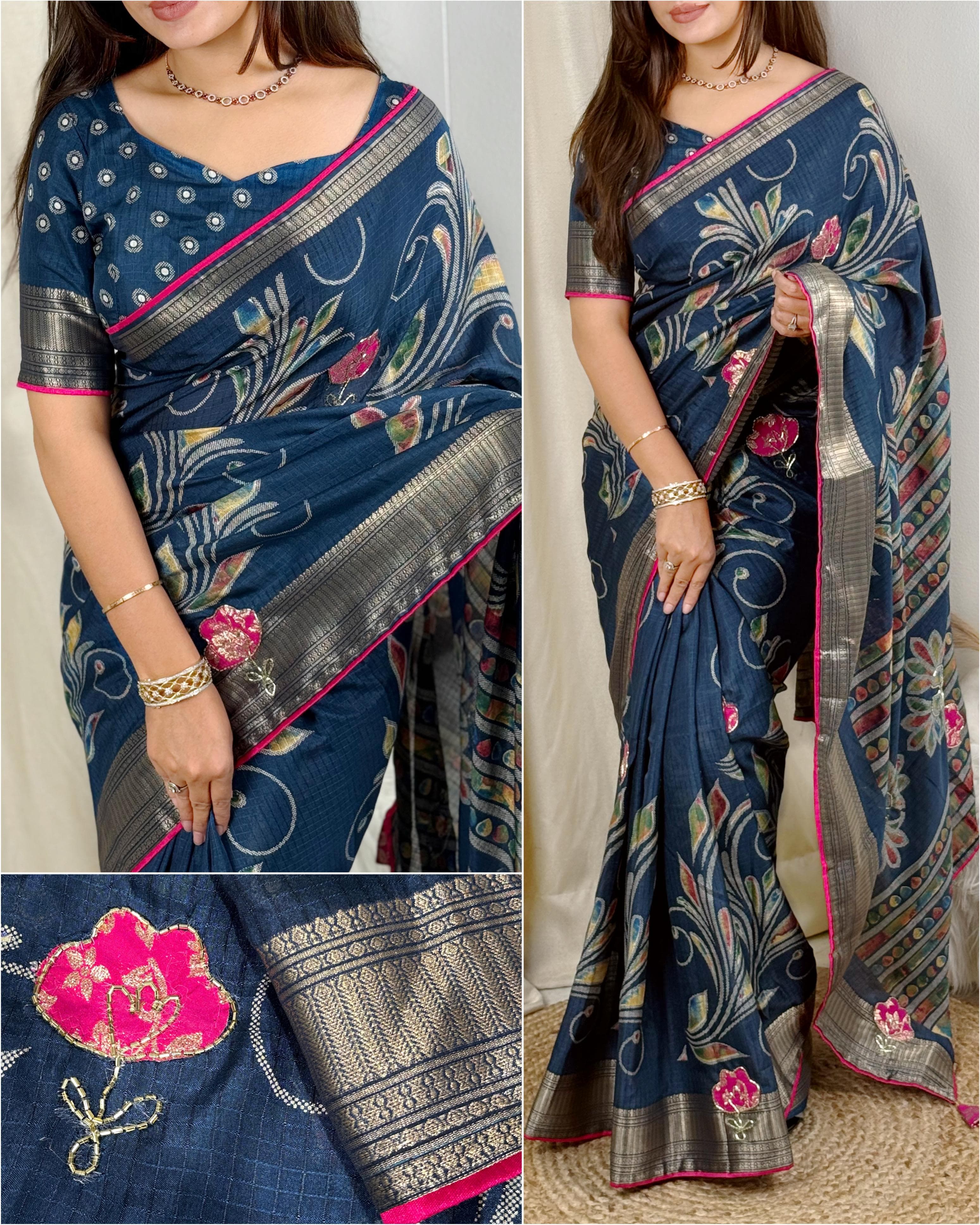 Elegant New Festive Wear Soft Cotton Designer Tussles Print n Weaving Work Saree For Women
