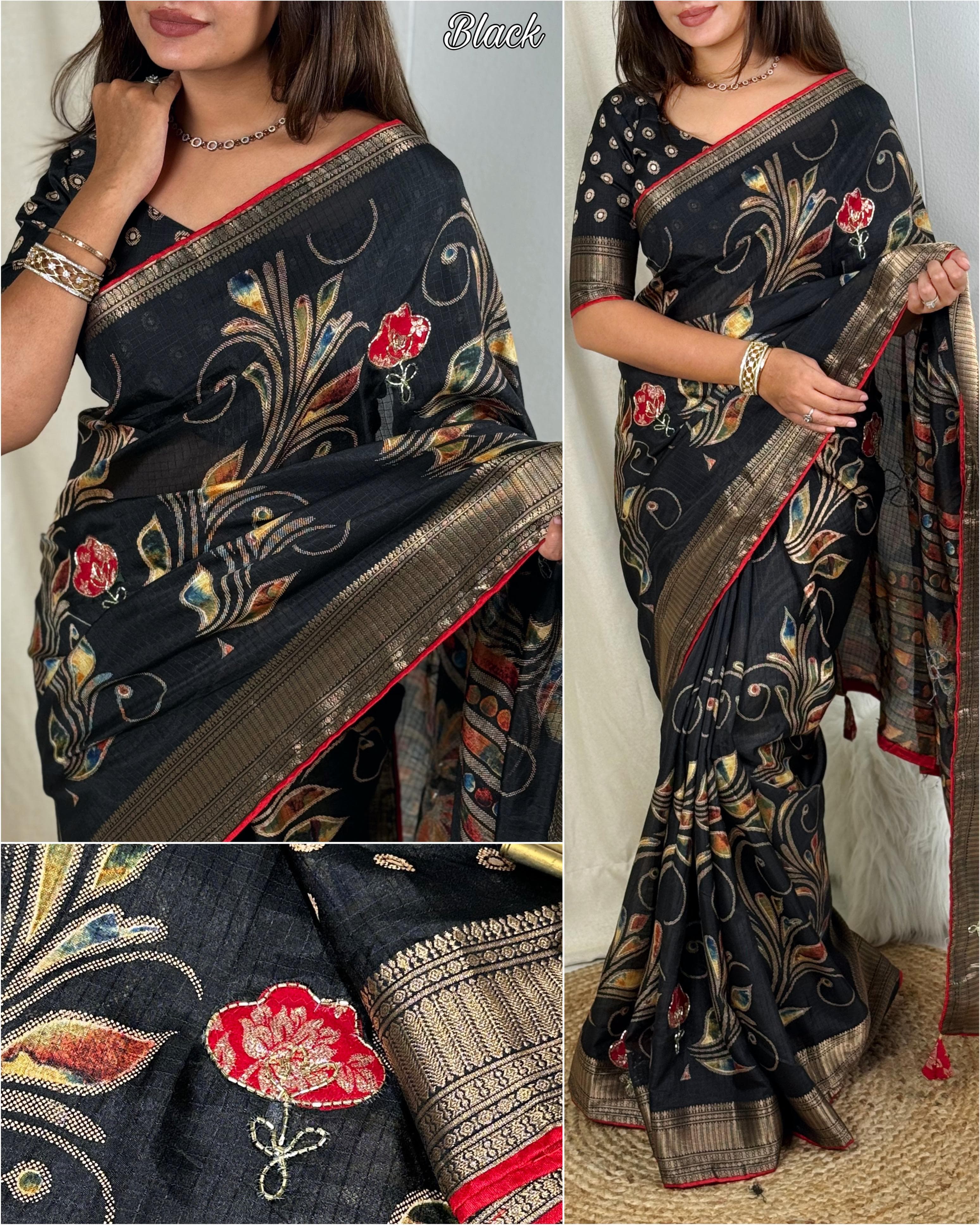 Elegant New Festive Wear Soft Cotton Designer Tussles Print n Weaving Work Saree For Women