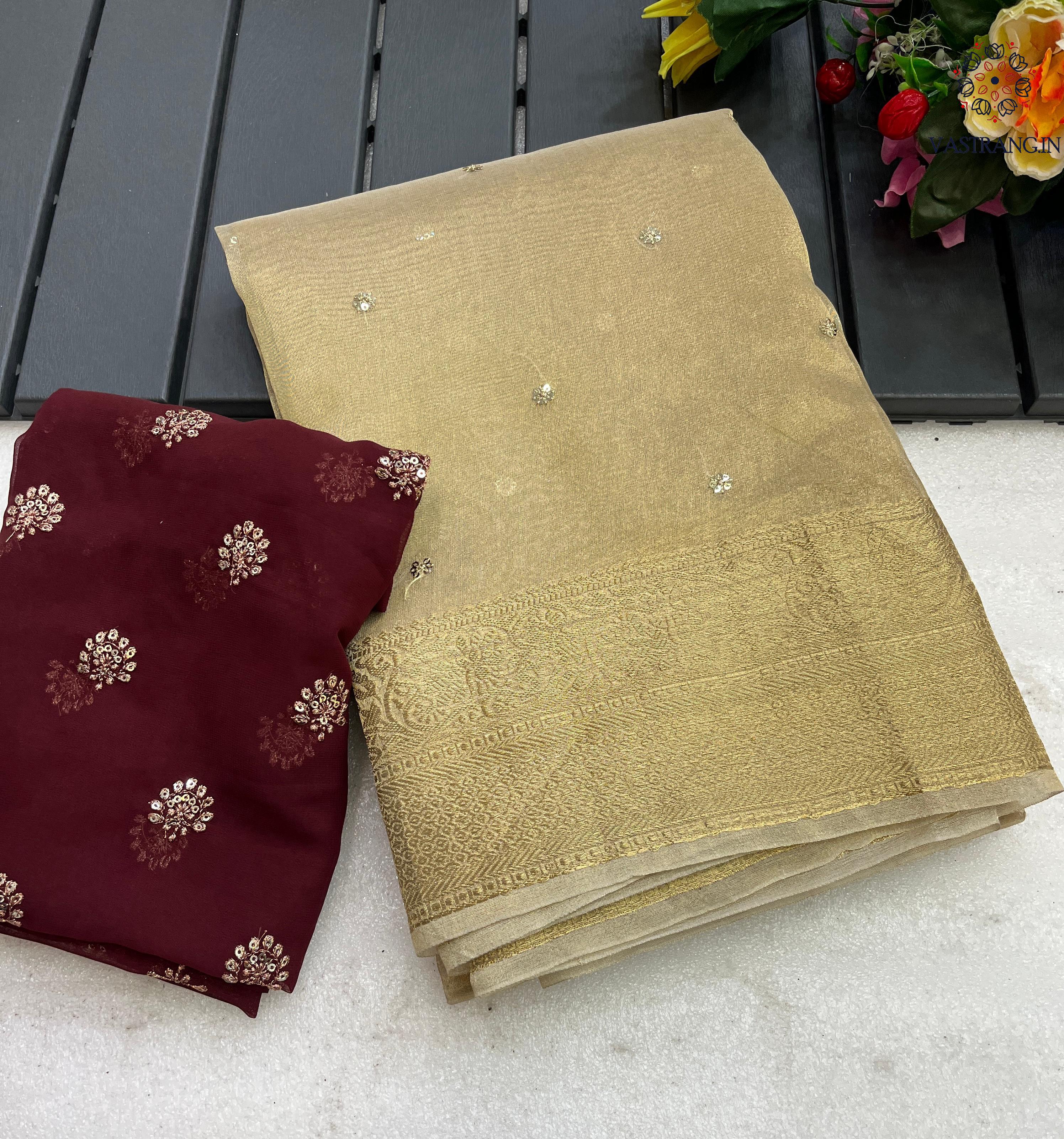 Attractive Tissue Silk Gold Color Sequence n Jacquard Work Fancy Designer Saree For Women