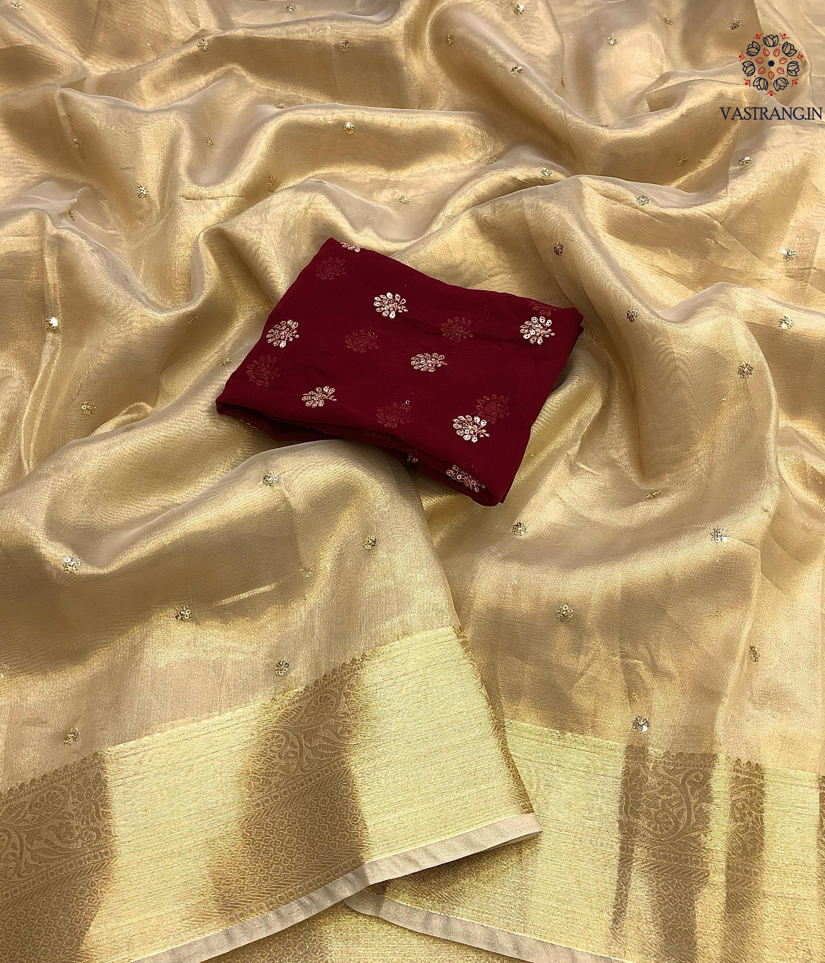 Attractive Tissue Silk Gold Color Sequence n Jacquard Work Fancy Designer Saree For Women