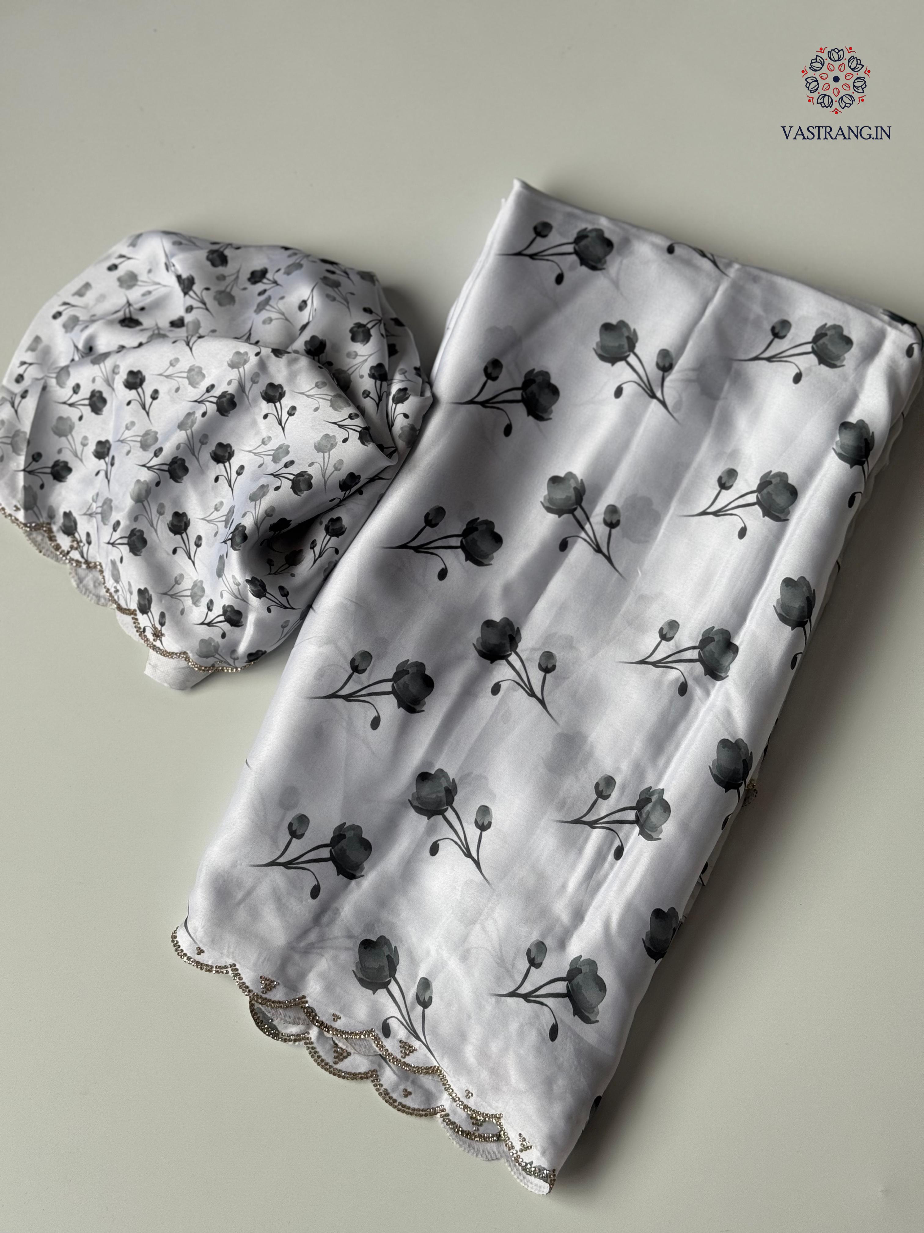 Adorable Party Wear White Colour Pure Satin Georgette Black Flower Print n Diamond Cut Work Fancy Designer Saree for Wedding