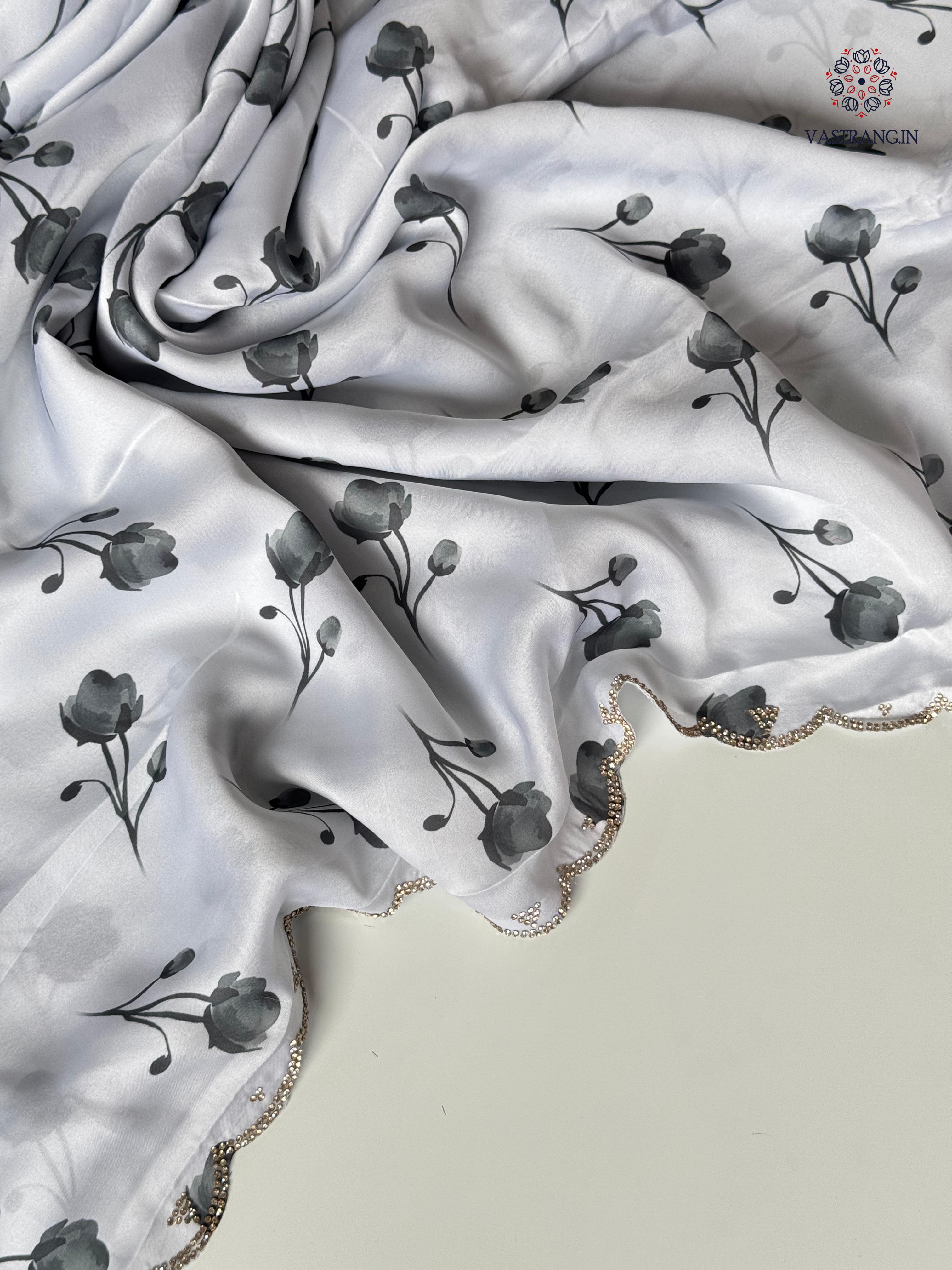 Adorable Party Wear White Colour Pure Satin Georgette Black Flower Print n Diamond Cut Work Fancy Designer Saree for Wedding