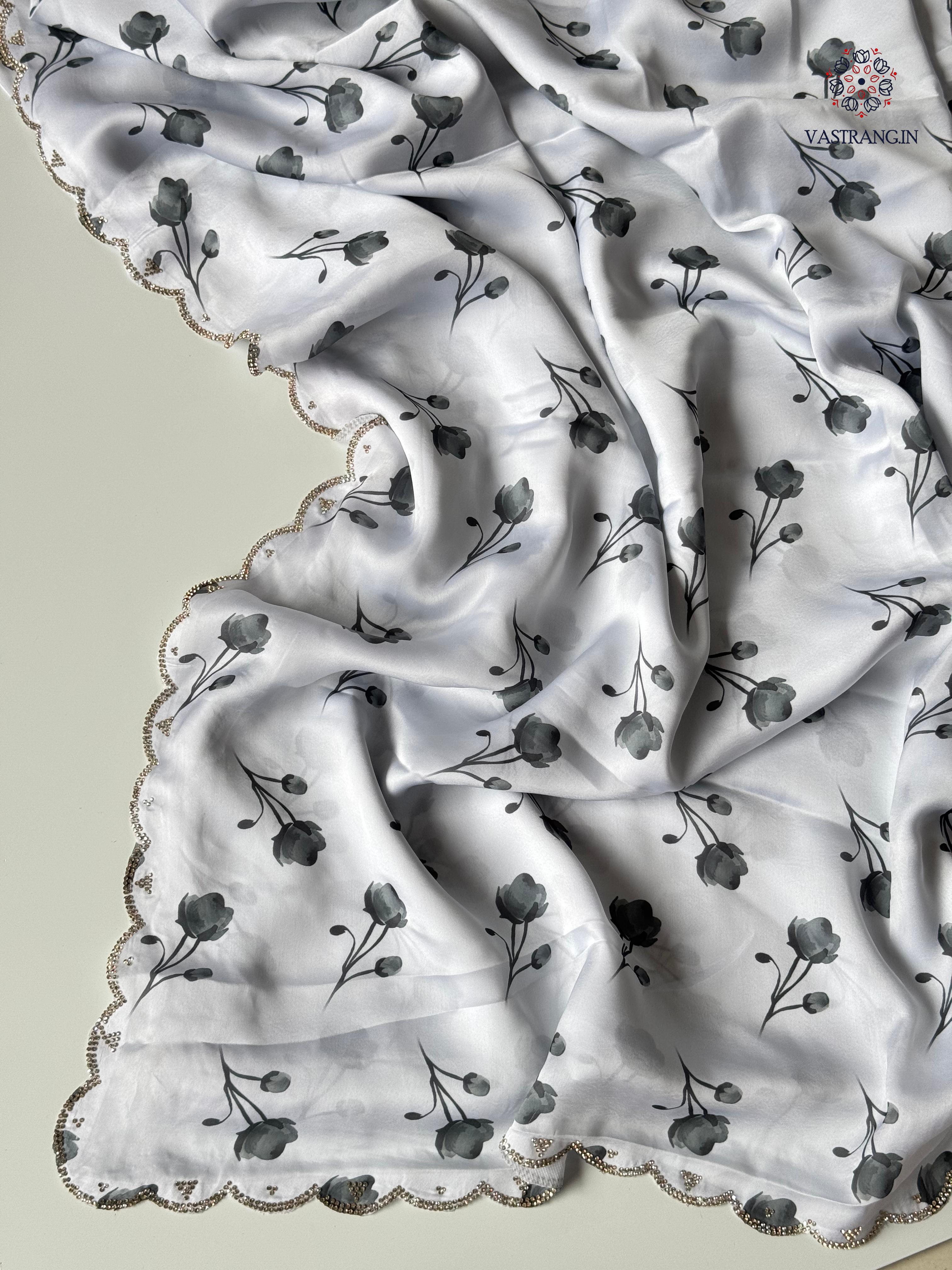 Adorable Party Wear White Colour Pure Satin Georgette Black Flower Print n Diamond Cut Work Fancy Designer Saree for Wedding