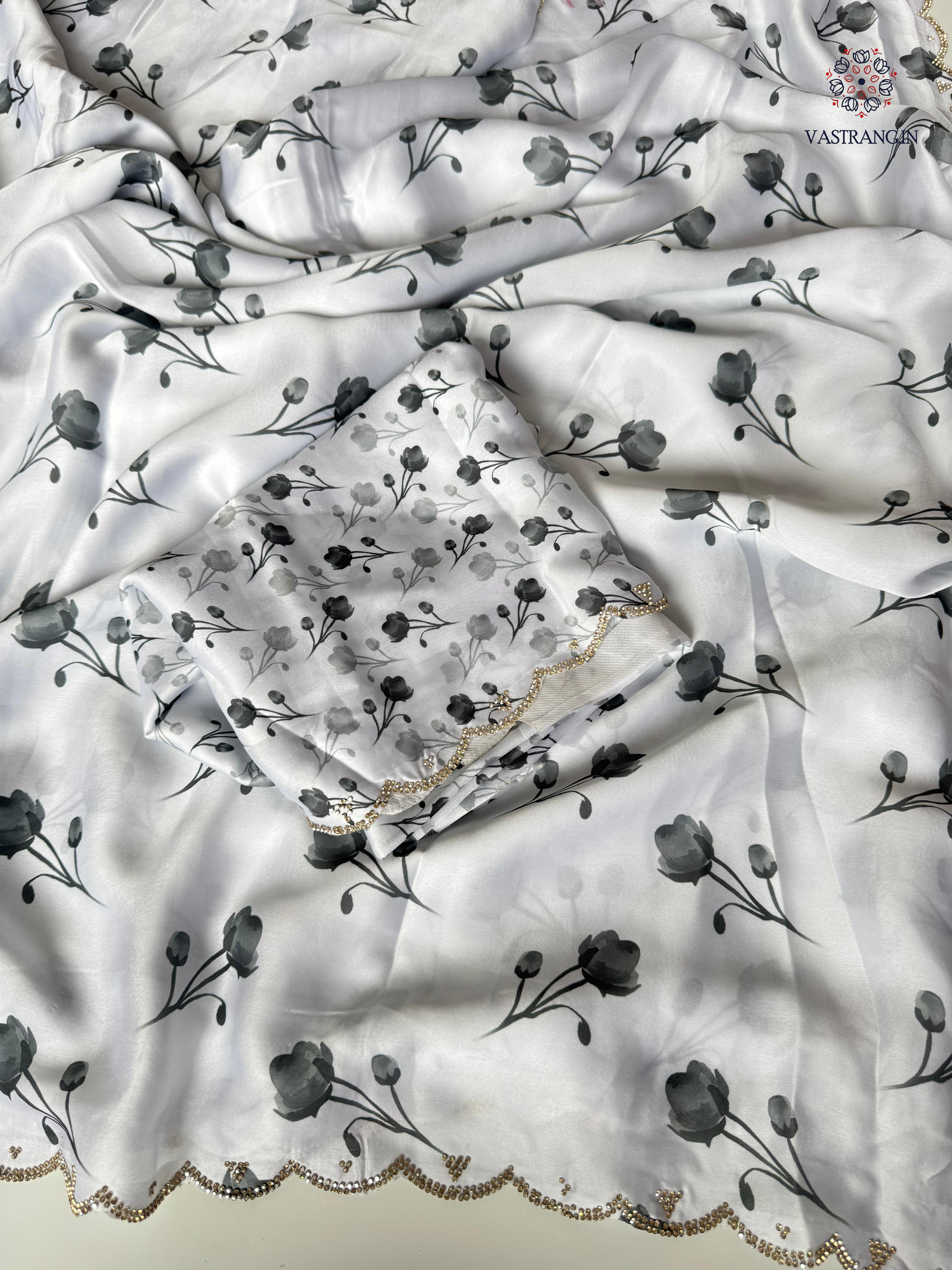 Adorable Party Wear White Colour Pure Satin Georgette Black Flower Print n Diamond Cut Work Fancy Designer Saree for Wedding