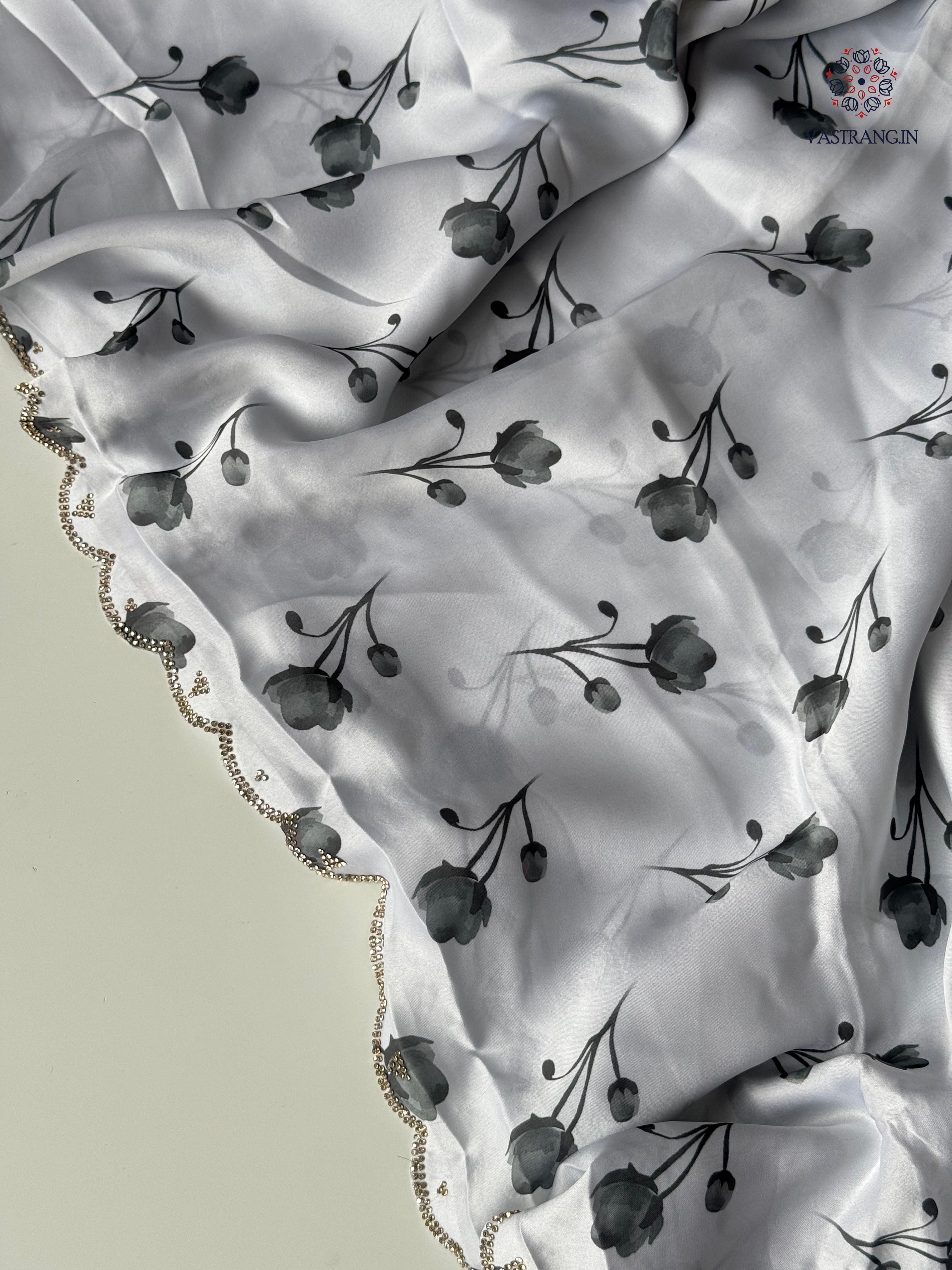 Adorable Party Wear White Colour Pure Satin Georgette Black Flower Print n Diamond Cut Work Fancy Designer Saree for Wedding