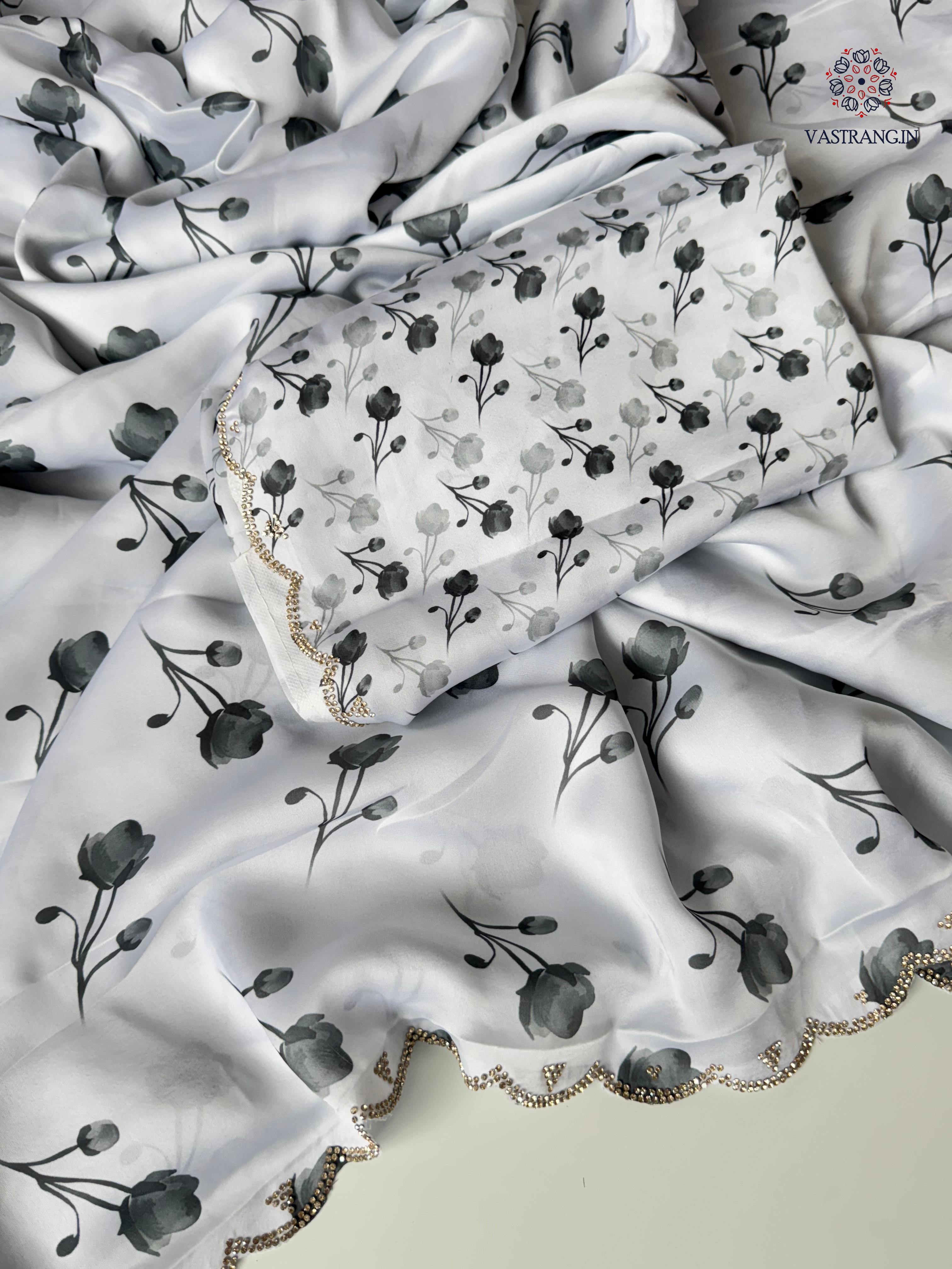 Adorable Party Wear White Colour Pure Satin Georgette Black Flower Print n Diamond Cut Work Fancy Designer Saree for Wedding