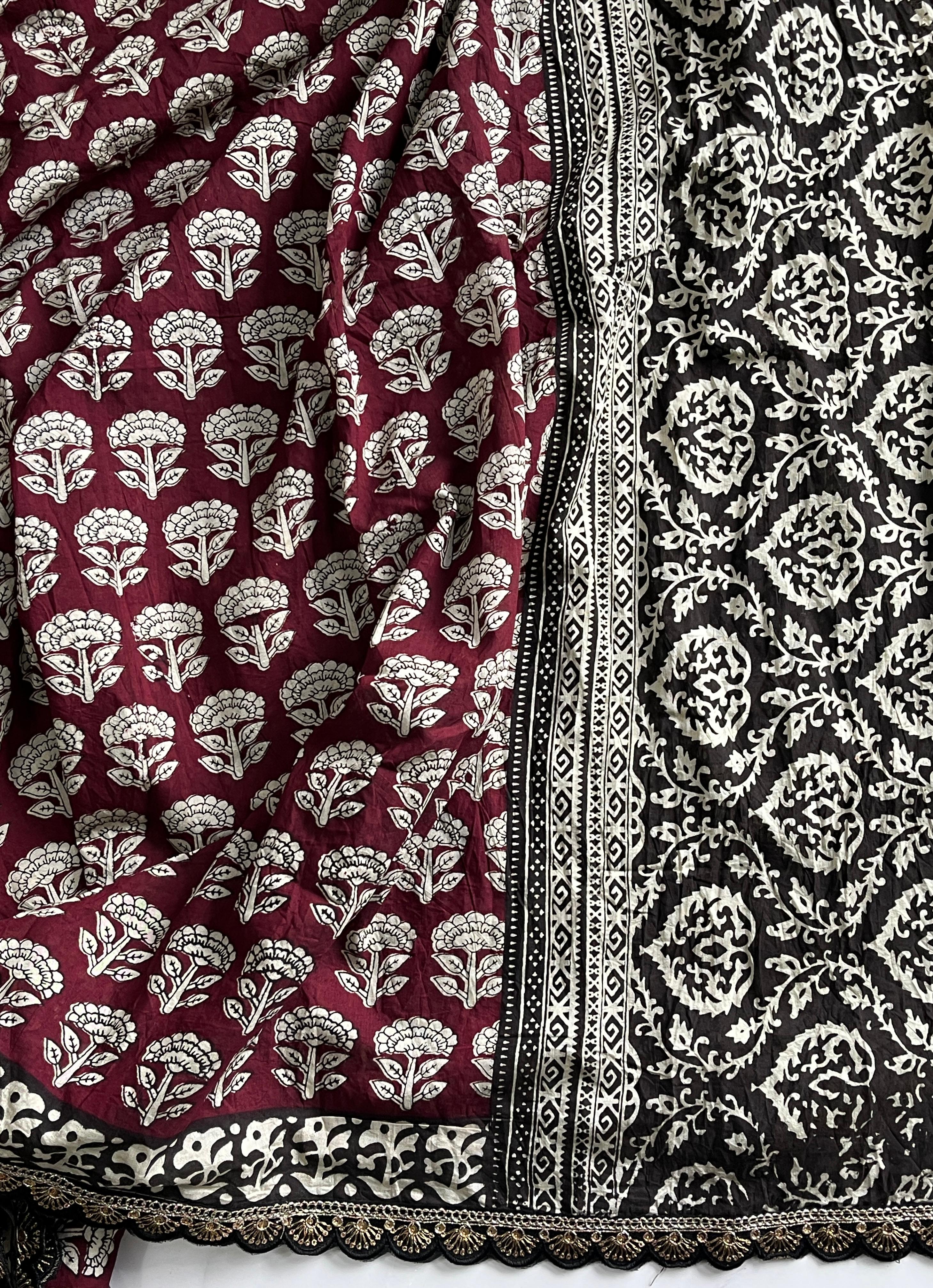 Glorious Black n Maroon Color Mul Cotton Print n Lace Work With Rich n Ikkat Pallu Designer Saree With Stunner Blouse Piece