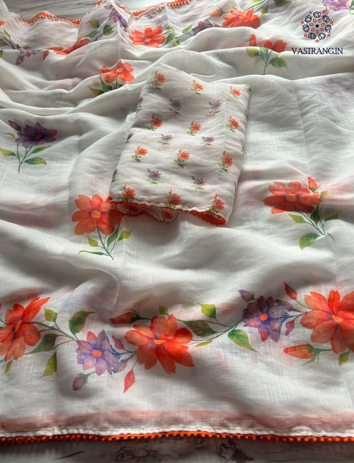 Glamorous Party Wear White Colour Linen Cotton Digital Print Lace Border Saree with Blouse